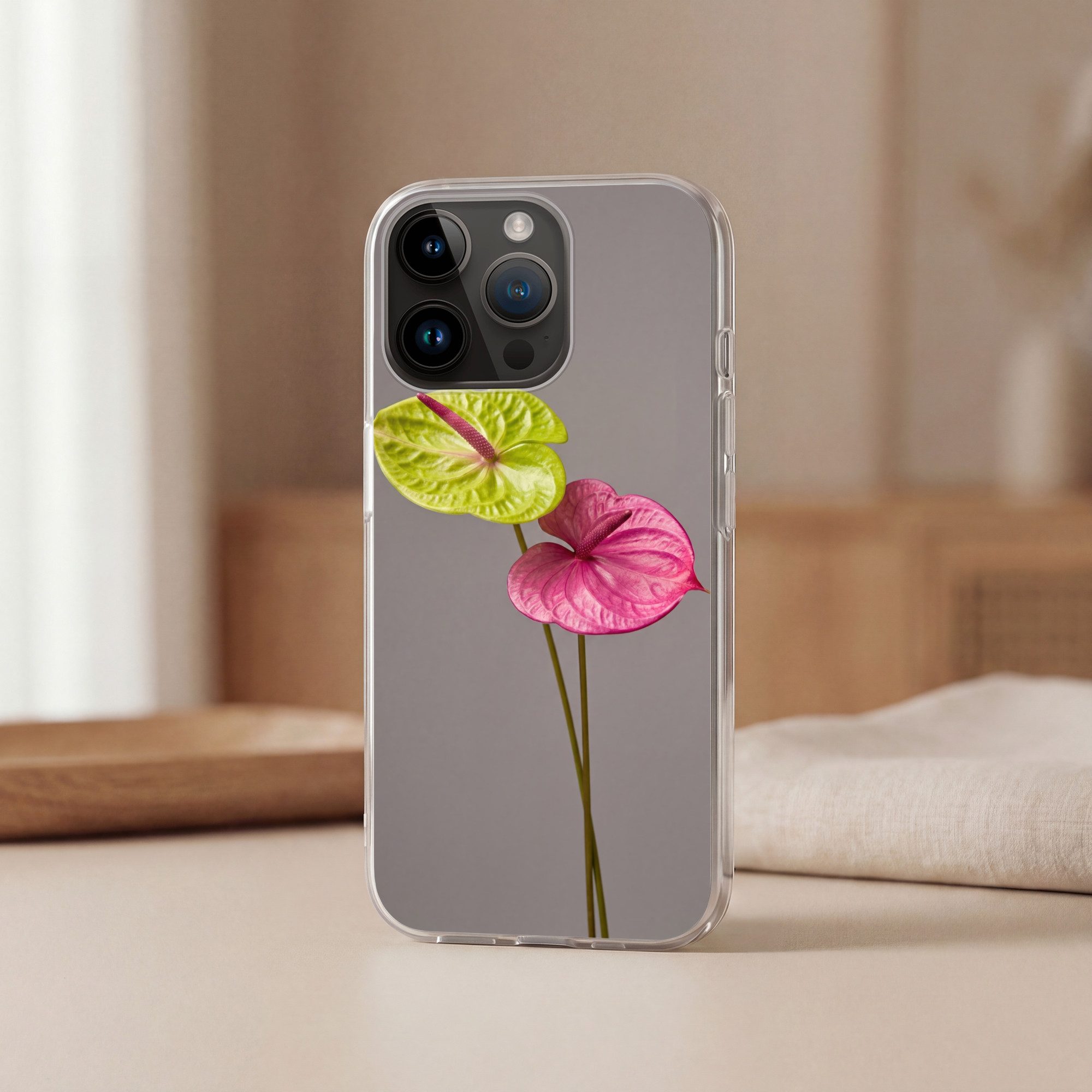 MuchoWow Handyhülle für Apple iPhone 14 Pro Max Pflanzen - Anthurium - Grün - Rosa, Smartphone-Bumper, Print, Handy Schutzhülle Dünn