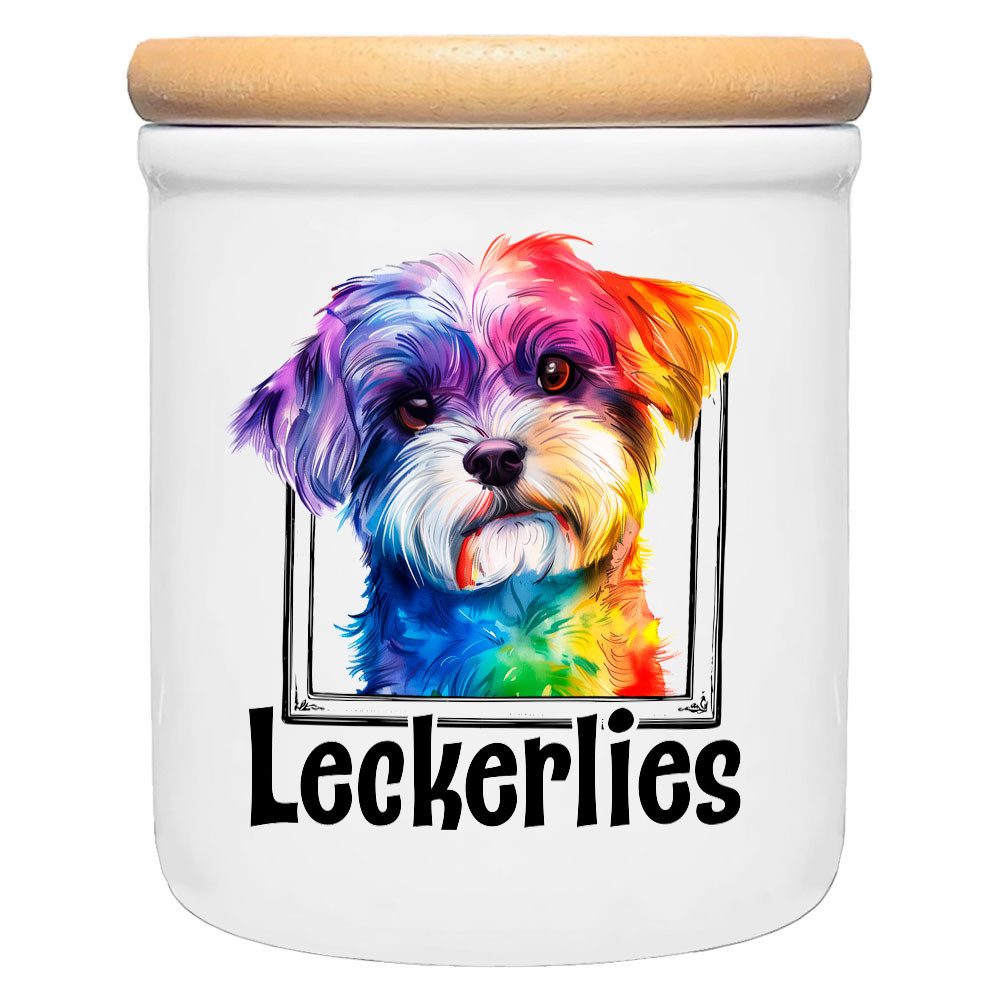 Cadouri Vorratsdose MALTESER - Leckerlidose Hund - für Hundekekse, Keramik, (Leckerlidose mit Hunderasse, 2-tlg., 1x Keramikdose mit Holzdeckel), Hundekeksdose, handgefertigt in Deutschland, für Hundebesitzer, 400 ml
