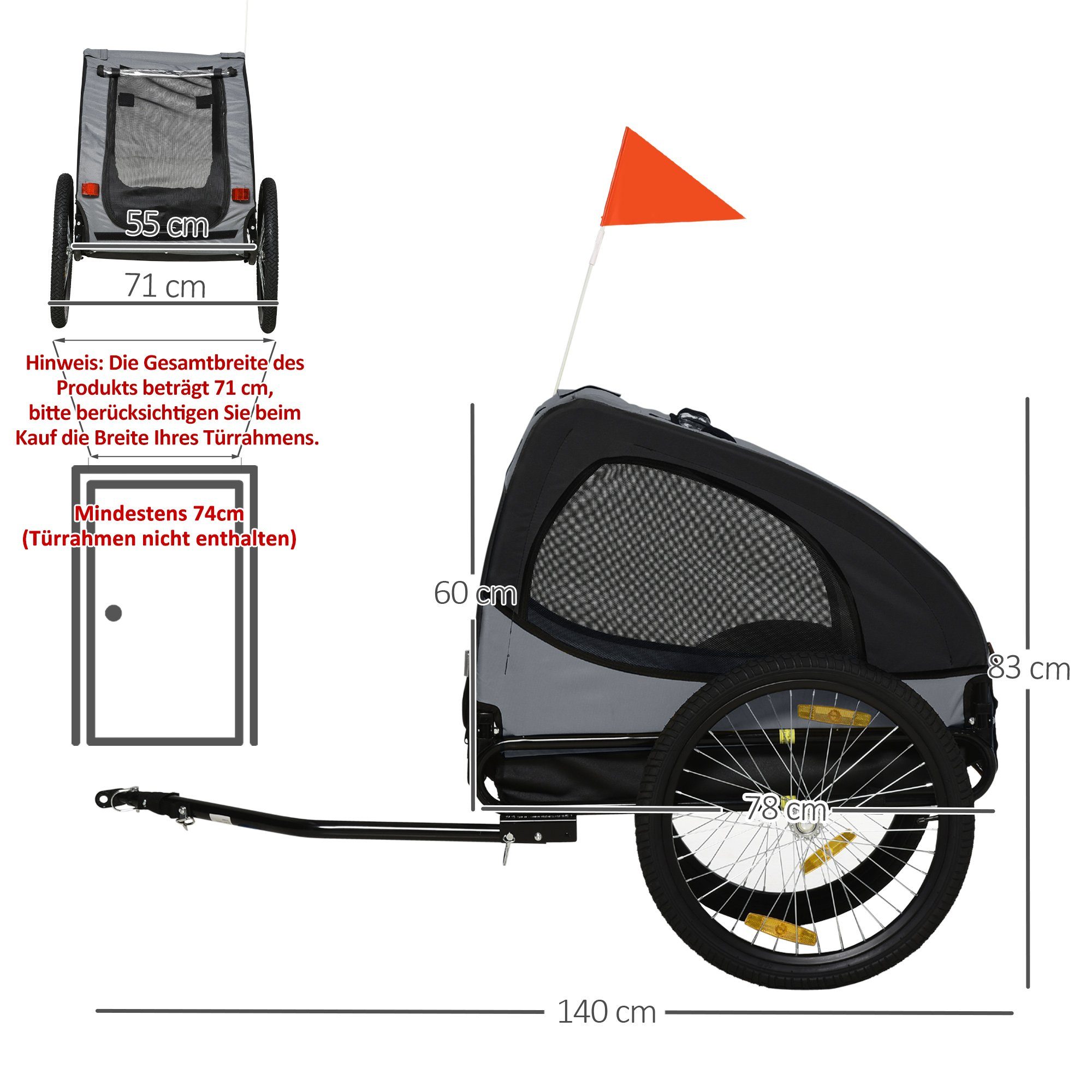PawHut Fahrradhundeanhänger Hundeanhänger Faltbar mit Sicherheitsleine, Reflektoren, für Garten, Balkon, Schwarz