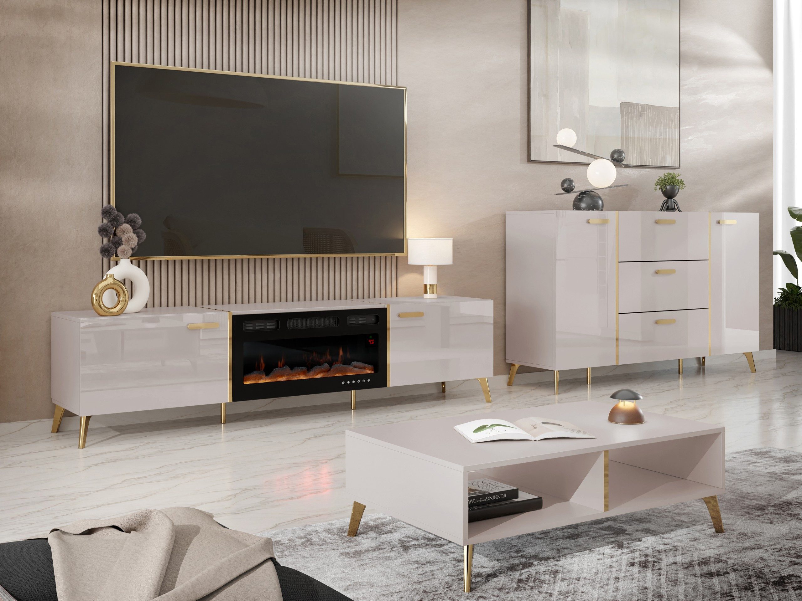 MIRJAN24 Wohnzimmer-Set Picru I, (3er-Set, Kommode, TV-Lowboard, Couchtisch), Griffe und Füße in der Farbe Gold