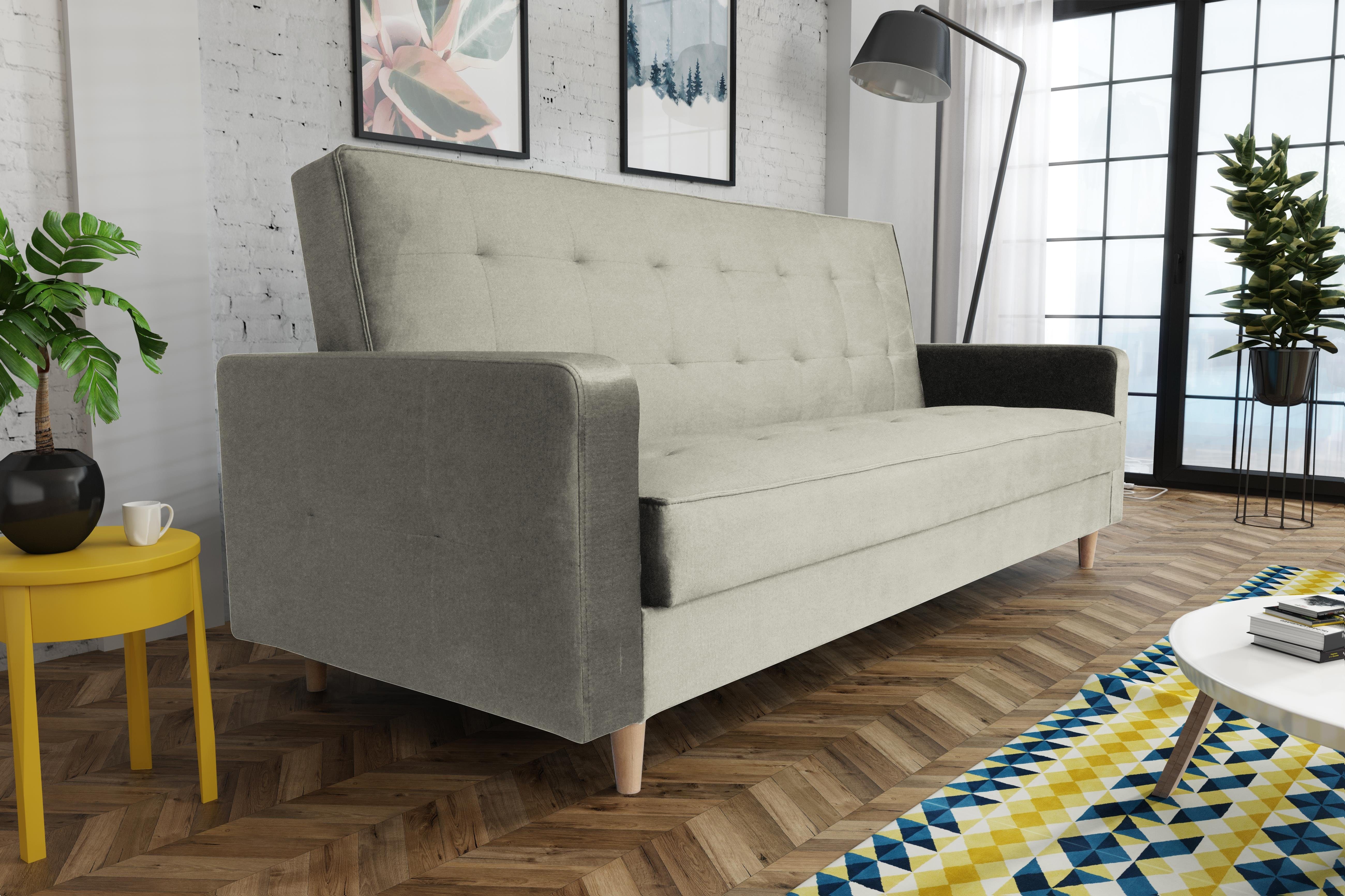 Stil, Bamako, Schlaffunktion mit skandinavischen Holzbeine Sofa Beautysofa Couch Bettkasten, (paros 01) und Creme im Schlafsofa mit Polstersofa