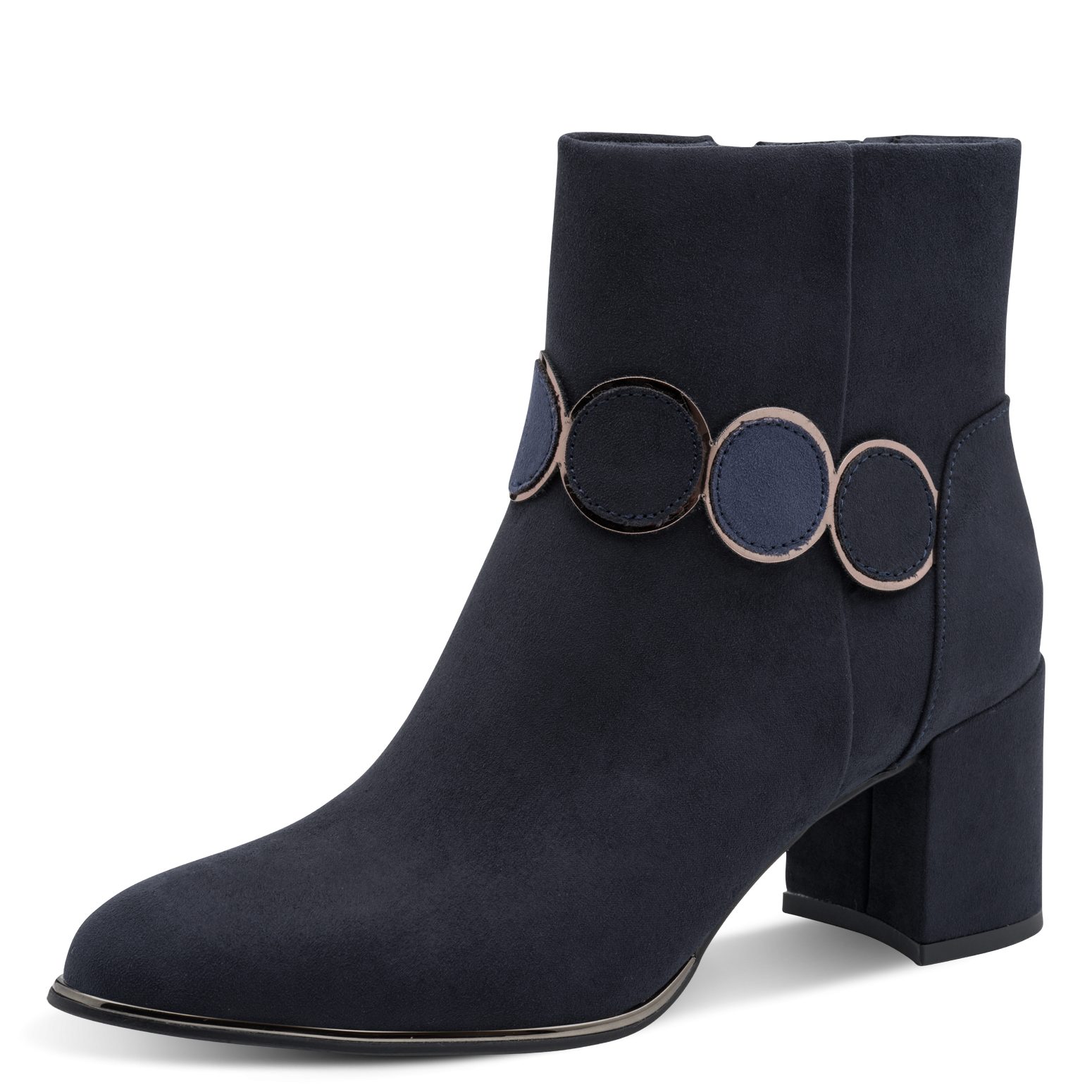 MARCO TOZZI Stiefelette Blockabsatz, Ankle Boots, mit eleganter Zierkette und Kontrastbesätzen