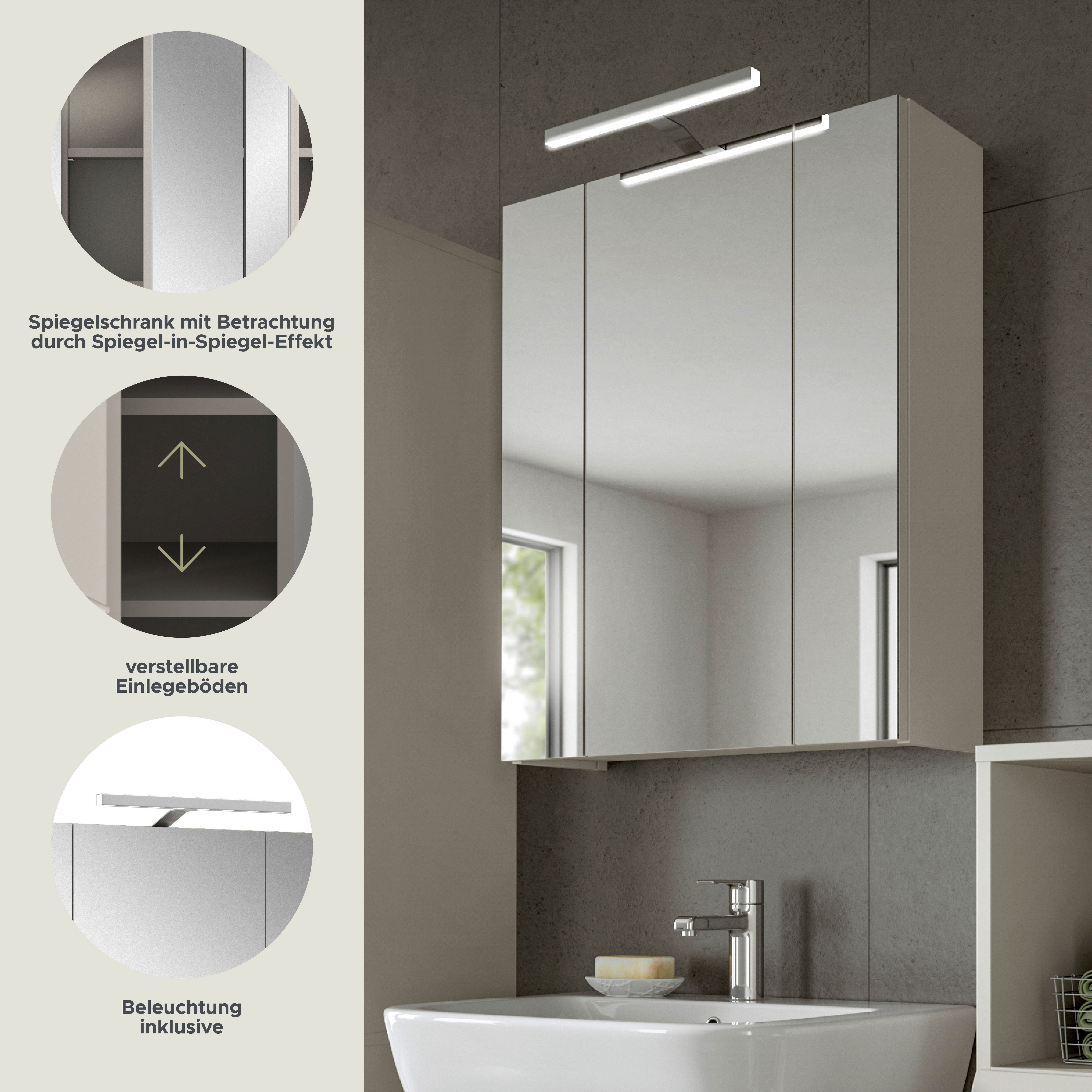 welltime Spiegelschrank FLORENZ, inkl. Beleuchtung, Breite 60 cm, 3 Spiegeltüren (TOPSELLER) in verschiedenen Farben erhältlich, Badmöbel, Badschrank, Schrank, Bad