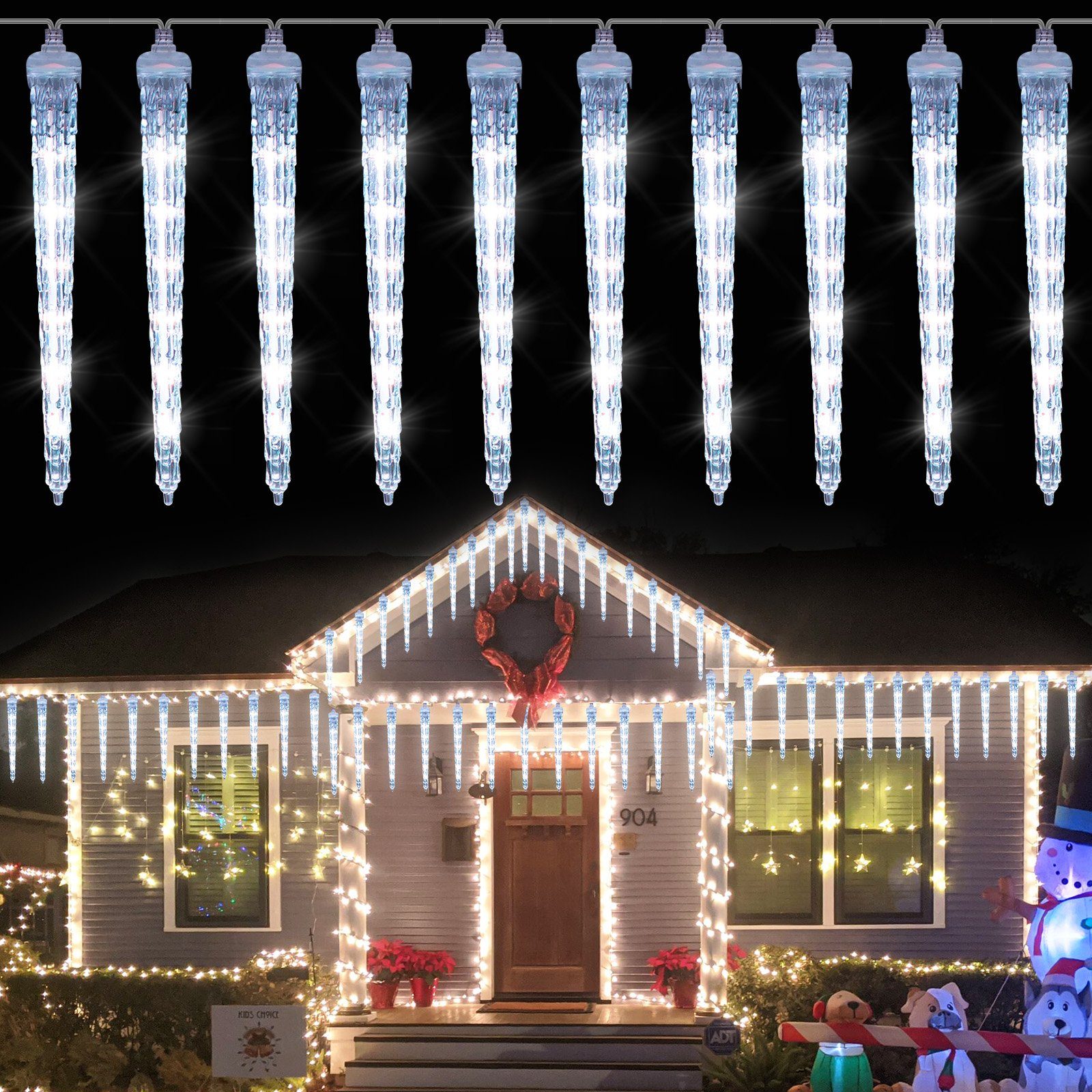 LED-Lichterkette Meteoritenschauer, Sunicol Weiß Außen/Garten/Hochzeit/Party für Weihnachtsbeleuchtung, Lichterregen, Wasserdichte, Schneefalleffekt Eiszapfen,