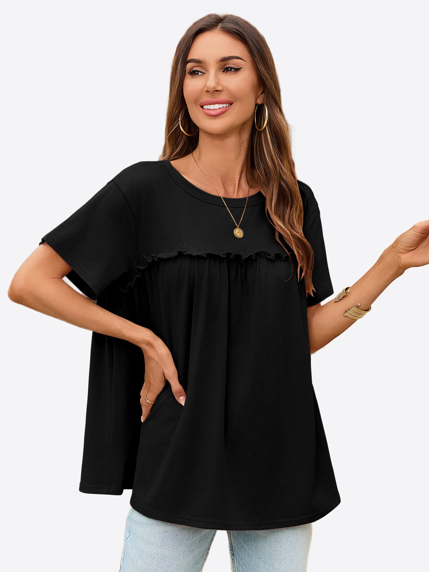 Imily Bela T-Shirt Damen mit Rüschen Rundhals Lässig Oberteil Alltag Freize günstig online kaufen