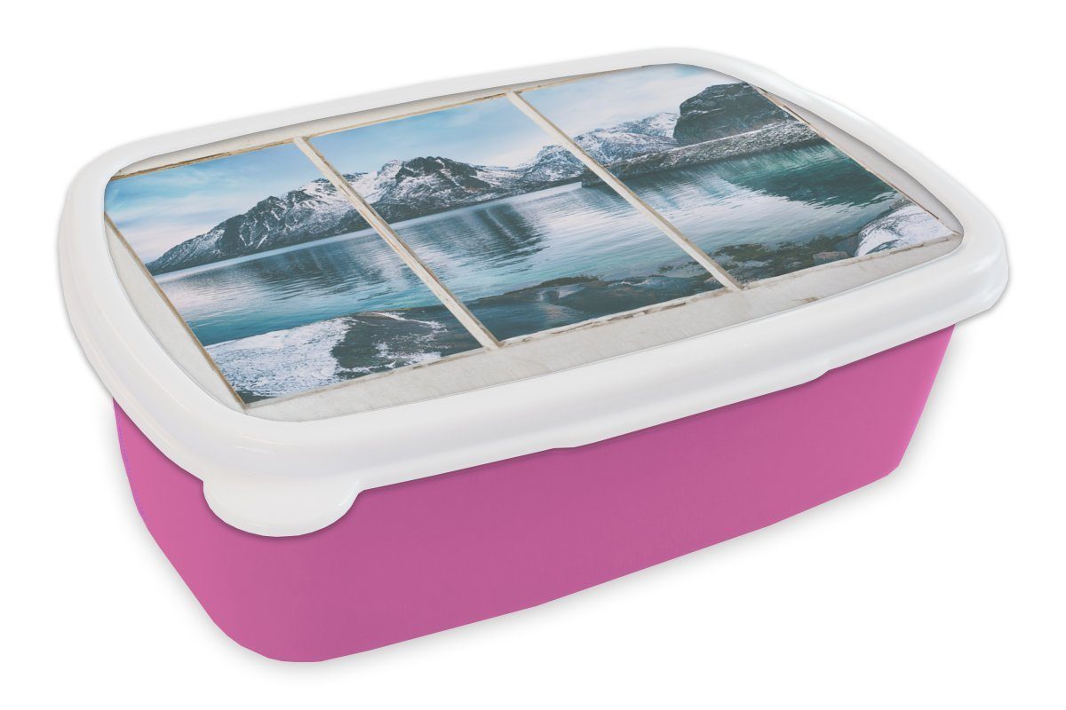 MuchoWow Lunchbox Aussicht - Berge - Winter, Kunststoff, (2-tlg), Brotbox für Erwachsene, Brotdose Kinder, Snackbox, Mädchen, Kunststoff rosa