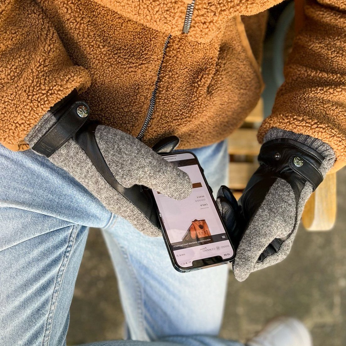 ELIAS Fleece Lammlederhandschuhe und Handrücken by Hand Herren mit Weikert Gewand Funktion und warmer Fütterung gestricktem - Lederhandschuhe Sportliche Touchscreen