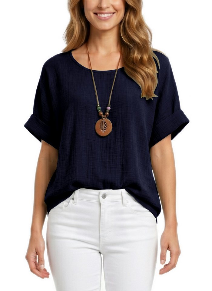 dy_mode Kurzarmbluse Damen Kurzarm Bluse Leichte Sommer Tunika Baumwollbluse Oberteil in Unifarbe, mit passende Kette