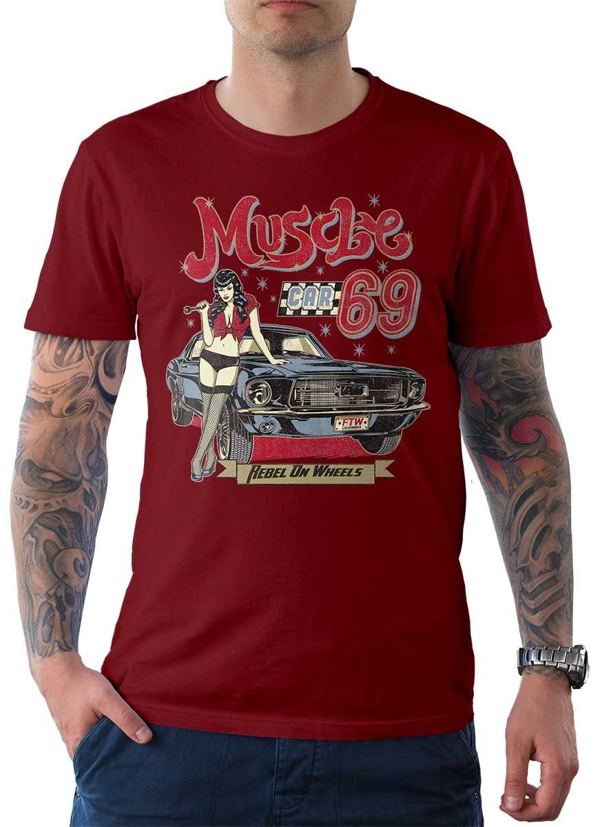 Rebel On Wheels T-Shirt Herren T-Shirt Tee Muscle Car 69 mit Auto / US-Car Motiv Chilli