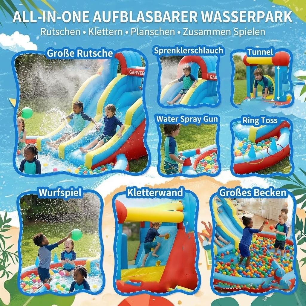GarveeMore Hüpfburg XXL mit Wasserrutsche Hüpfburg Outdoor Wasserrutsche, Aufblasbarer Kinderpool mit Rutsche & Kletterwand, für Innen & Außen