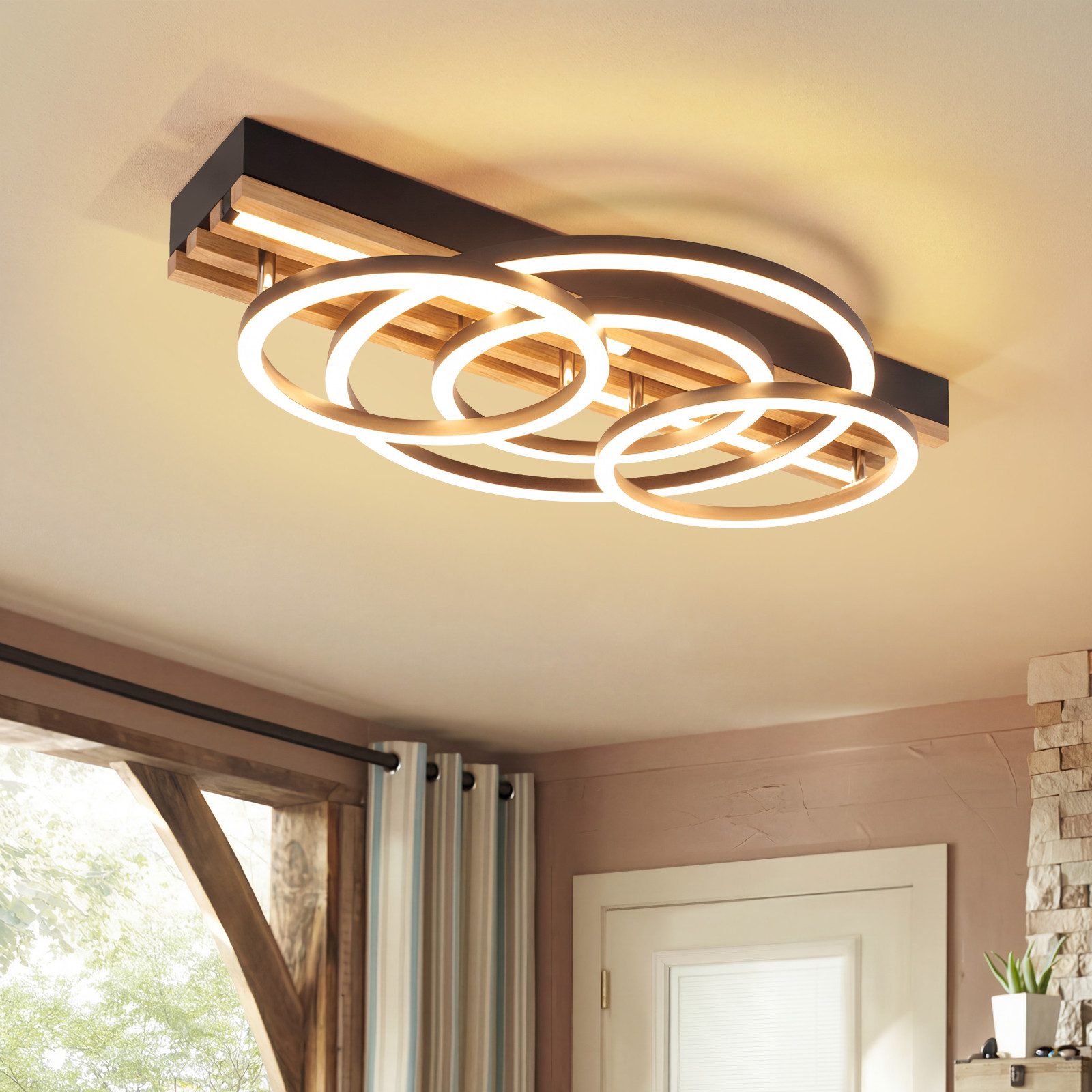 Nettlife LED Deckenleuchte Dimmbar Holz 2/3/4 Ringe Modern Deckenlampe Wohnzimmer, LED fest integriert, 60W 50*32*10.3CM für Schlafzimmer Büro Küche