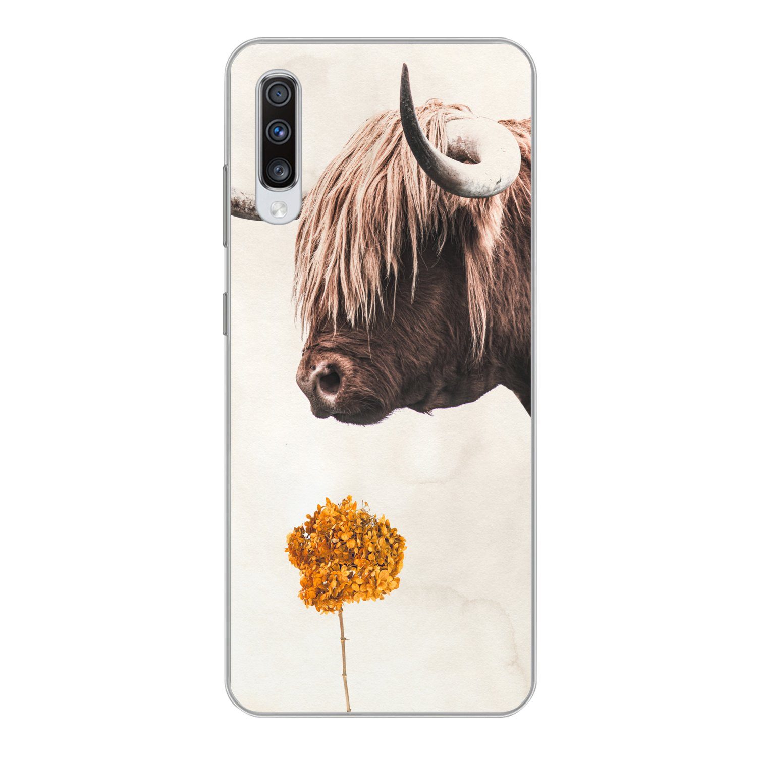 MuchoWow Handyhülle für Samsung Galaxy A70 Schottischer Highlander - Vintage - Blume, Phone Case, Silikon, Schutzhülle Dünn