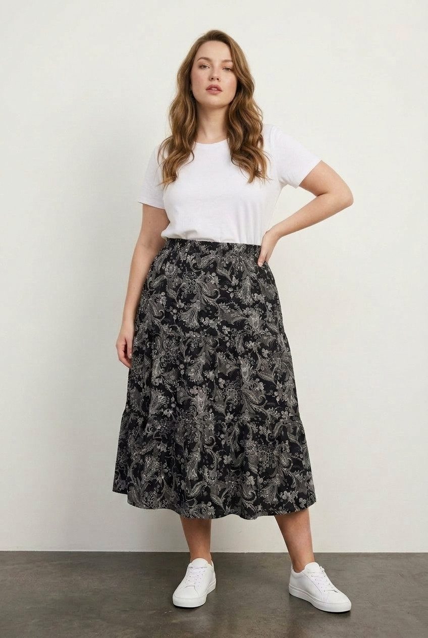 Stil Diva Midirock Plus Size Blumen Faltenrock aus Velours