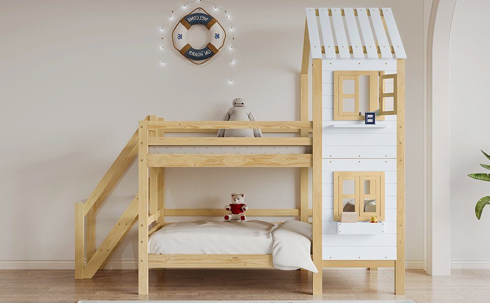 Fallschutz und Bett Hausbett Bettrahmen (mit Gitter), SPLOE natur Kinderbett HAUSS Ohne Matratze Etagenbett Einzelbett