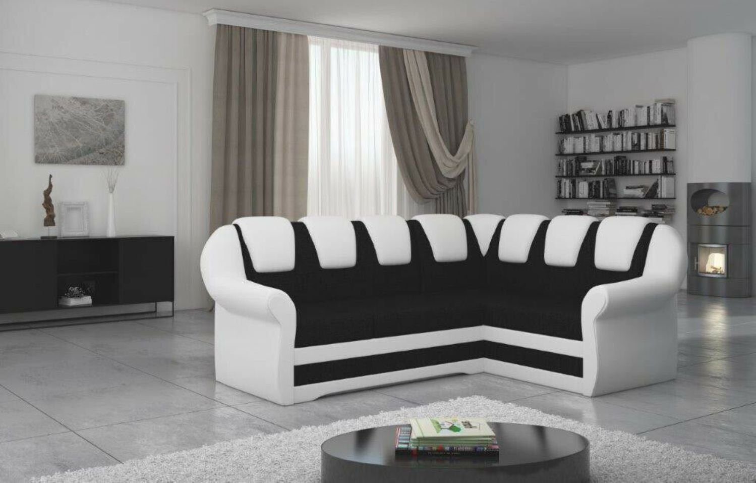 JVmoebel Ecksofa, Design Ecksofa Sofa Bettfunktion Couch Schlafsofa Schwarz/Weiß