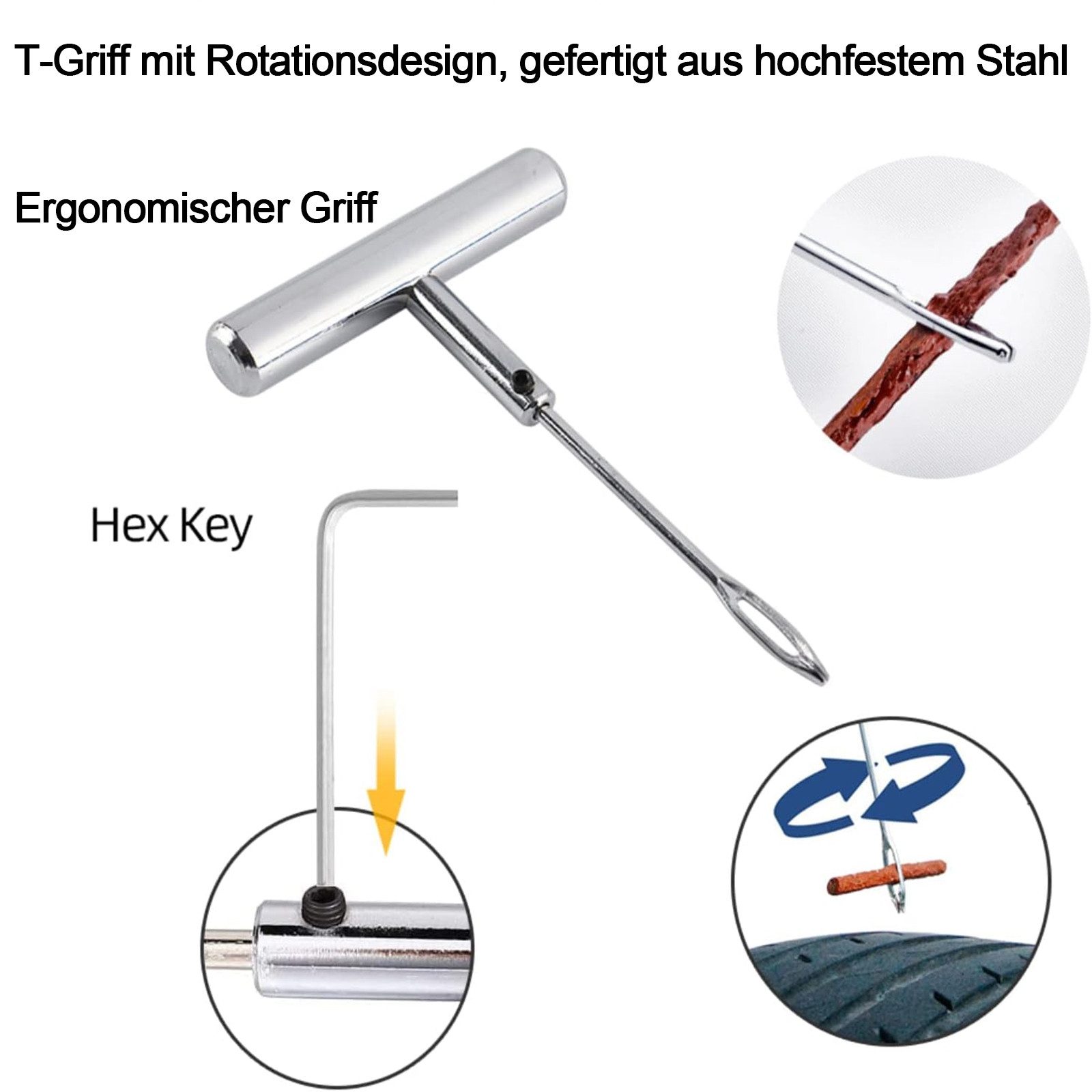 MOPUEA Reifen-Reparaturset Reifen-Reparaturset, 58-teiliges Set Autoreifen Reparaturset, Werkzeugset, 58-St., 58-teiliges Reifenreparaturset für schlauchlose Reifen, Langlebig, tragbar, ergonomisch, rostfrei, vielseitig