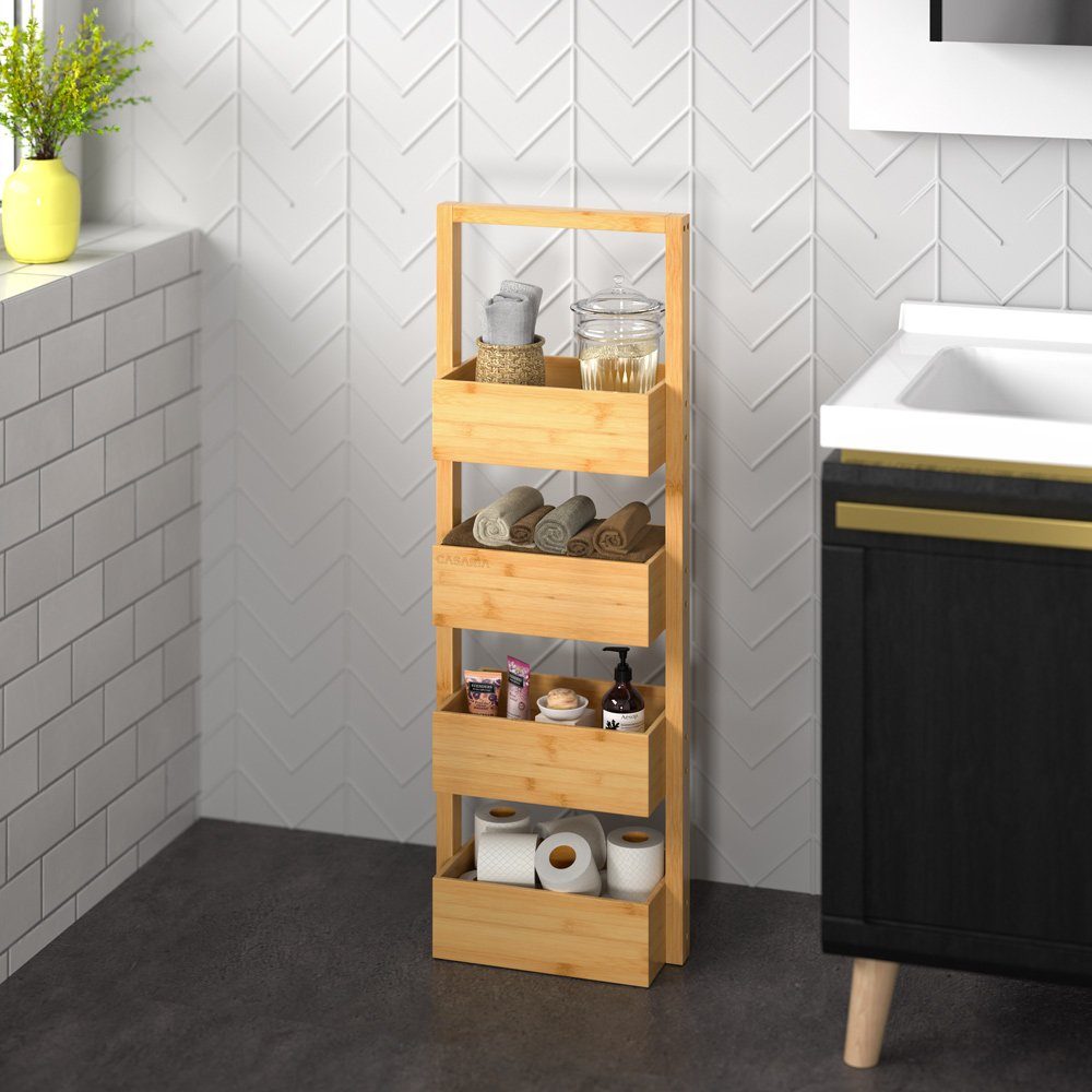 Casaria Regal, Badregal Stehend Schmal Bambus 4 Körben Bad Standregal Holz 88x28x16cm