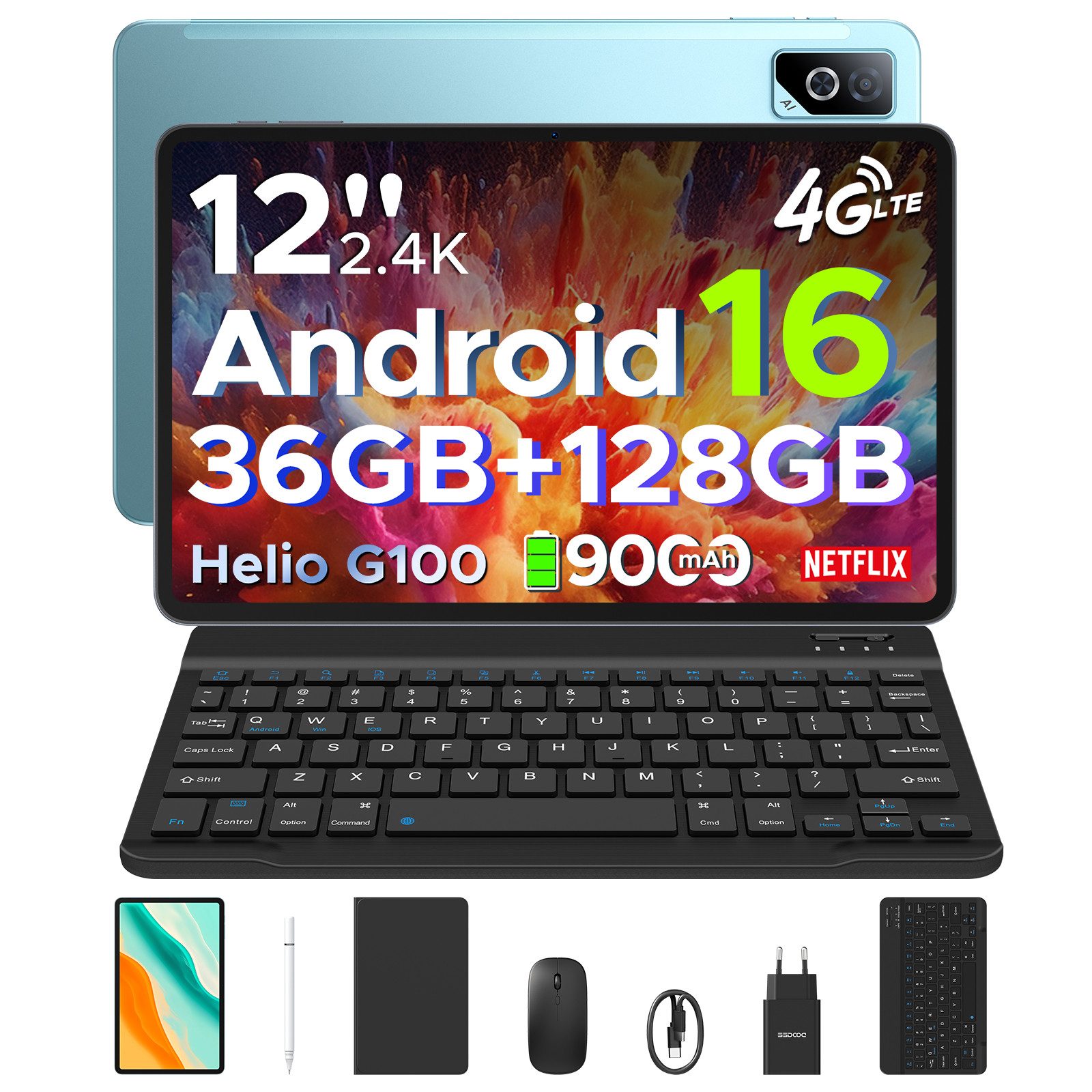 DOOGEE Tab G6 Pro 12'' Tablet mit Tastatur Android 16, 2.4K 90Hz, 128GB/2TB Tablet (12", 128 GB, Android 16, Wifi, Helio G100 Octa-Core, 9000mAh, 8GBRAM, Face ID/Gemini AI)
