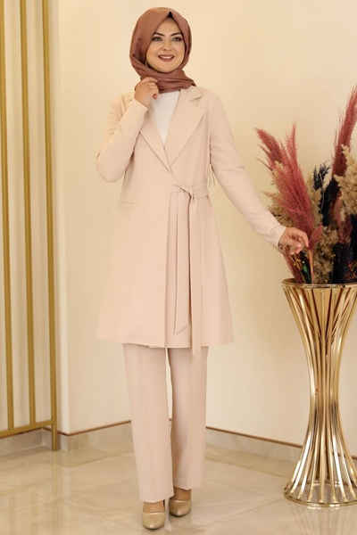 Modavitrini Hosenanzug Damen Zweiteiler – Langarm Long-Sakko mit Hose – Modest Fashion (eleganter Outfit) mit Reverskragen