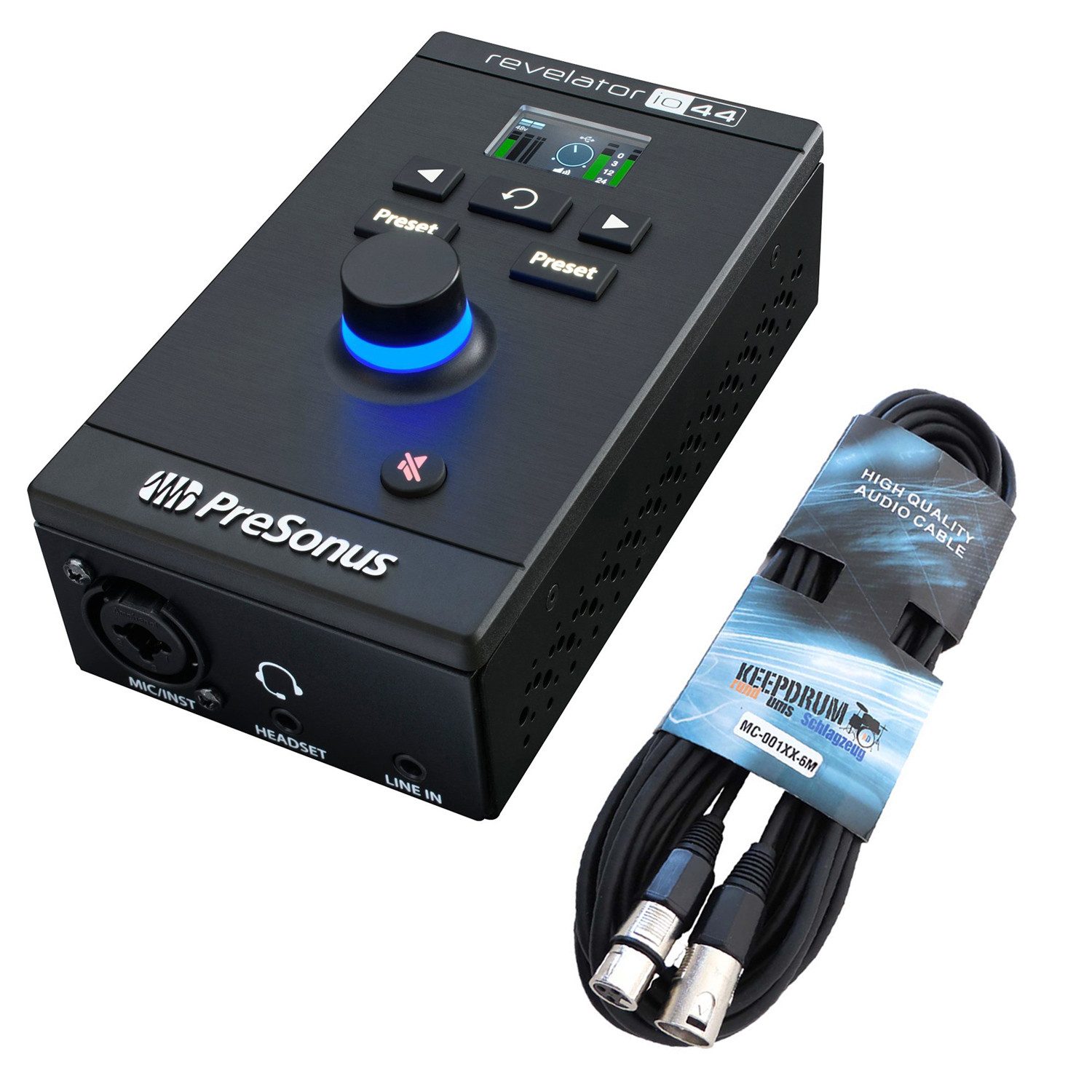Mischpult Presonus Revelator io44 USB-C Audio-Interface mit XLR-Kabel