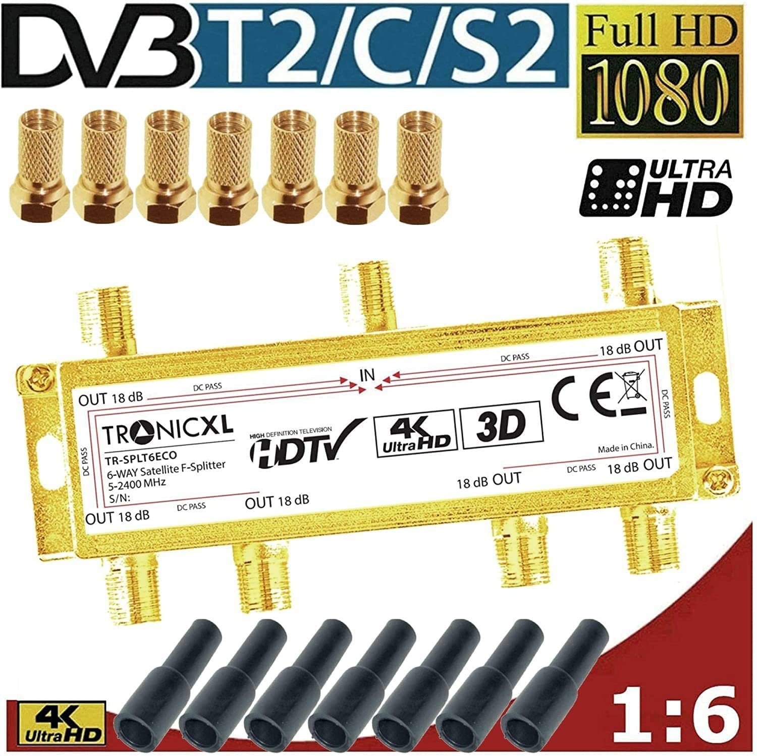 TronicXL SAT-Verteiler 6fach Sat Verteiler + F-Stecker + Wetterschutz TV Kabel Verteiler, HD, 3D, 4K