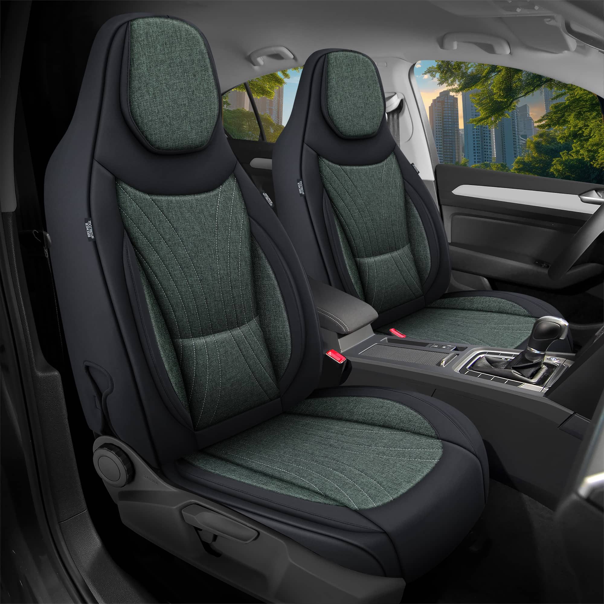 BREMER SITZBEZÜGE Autositzbezug für Skoda Octavia 3 Typ 5E Bj 2013-20 (C13), Set, Schonbezüge Sitzbezüge Fahrer und Beifahrer, in Schwarz/Olivgrün