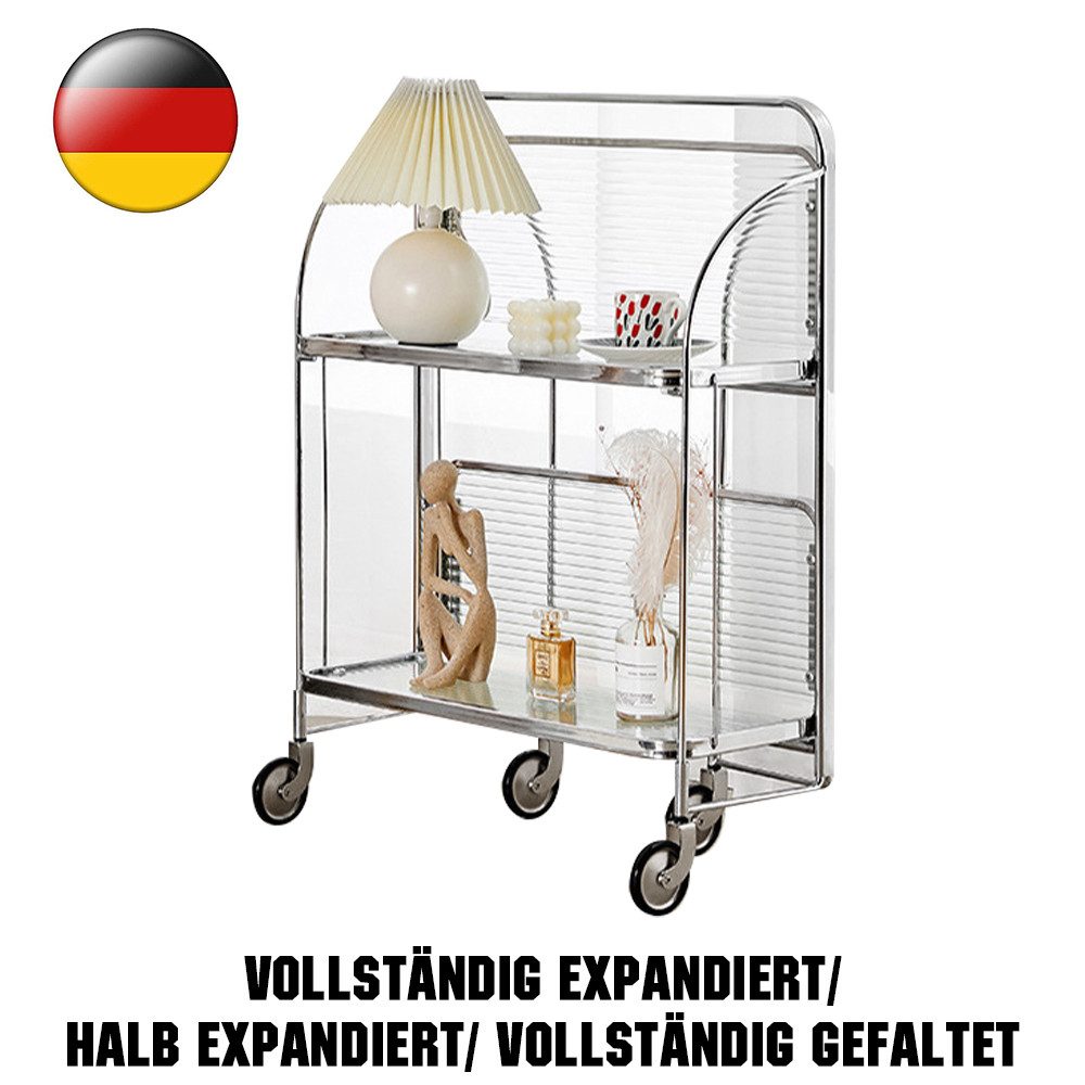 Rhein Beleuchtung Servierwagen Faltbarer Edelstahl-Servierwagen mit Glasablagen 2 Etagen, (Barwagen 68×38×80 cm, kein Aufbau nötig, mobil & modern), Küchenwagen auf Rollen mit Bremse, klappbar & platzsparend