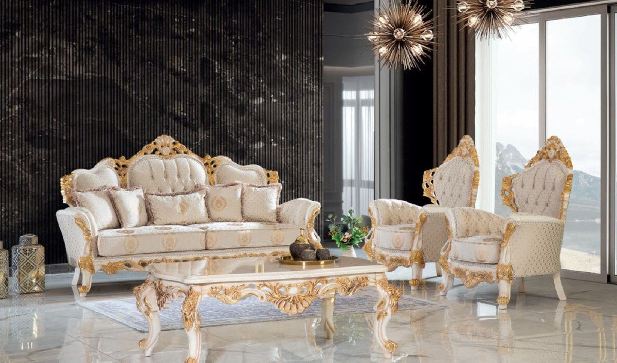 Casa Padrino Sessel Luxus Barock & 125 elegantem - x Sessel Barock Prunkvoll / mit 100 H. - Weiß cm Edel 80 Wohnzimmer x Wohnzimmer Handgefertigter Möbel - Gold Creme / Sessel Muster
