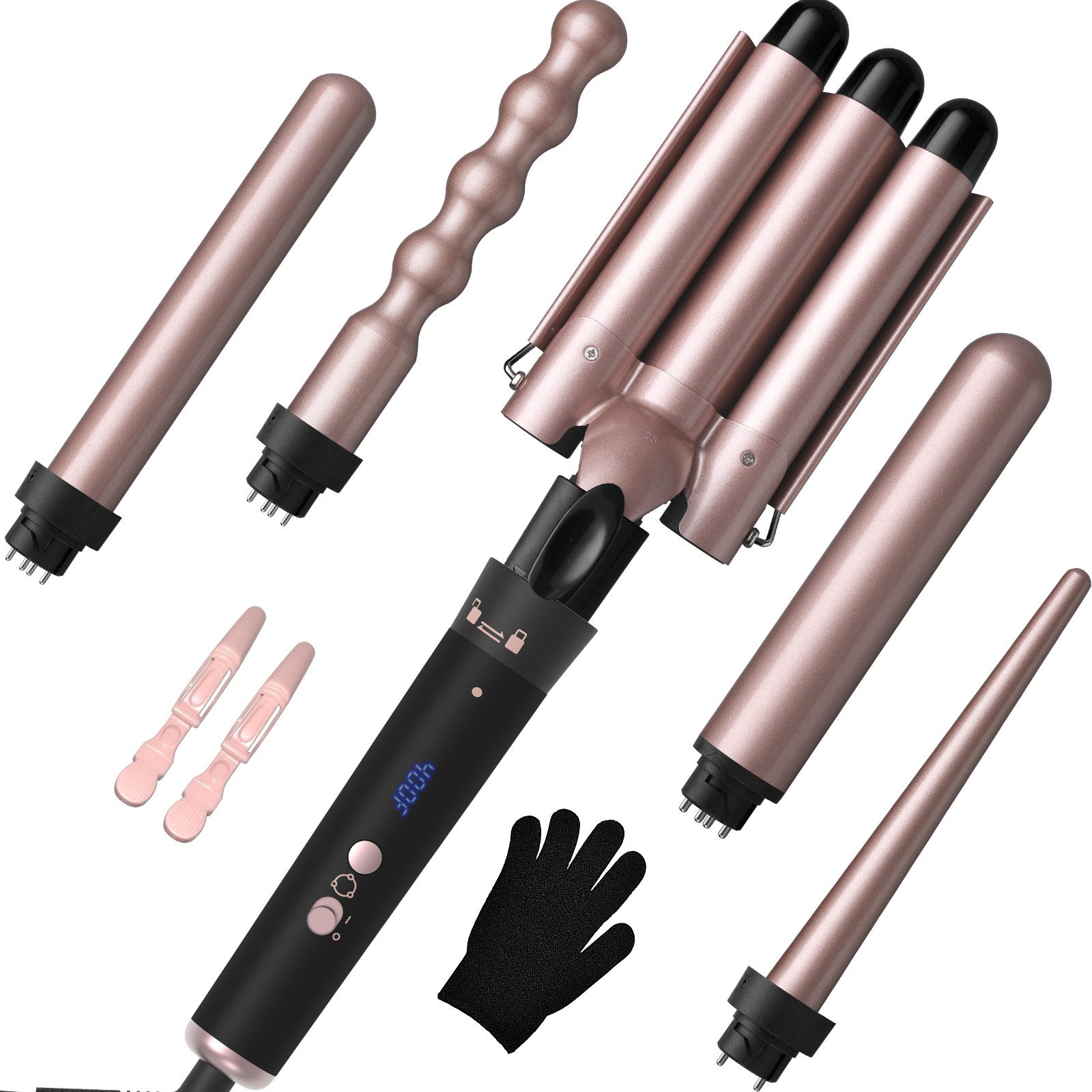 AIMAX Lockenstab Lockenstab Set 5-in-1 mit Welleneisen & 3 Fässern, Turmalin-Keramik, mit Wechselkopf