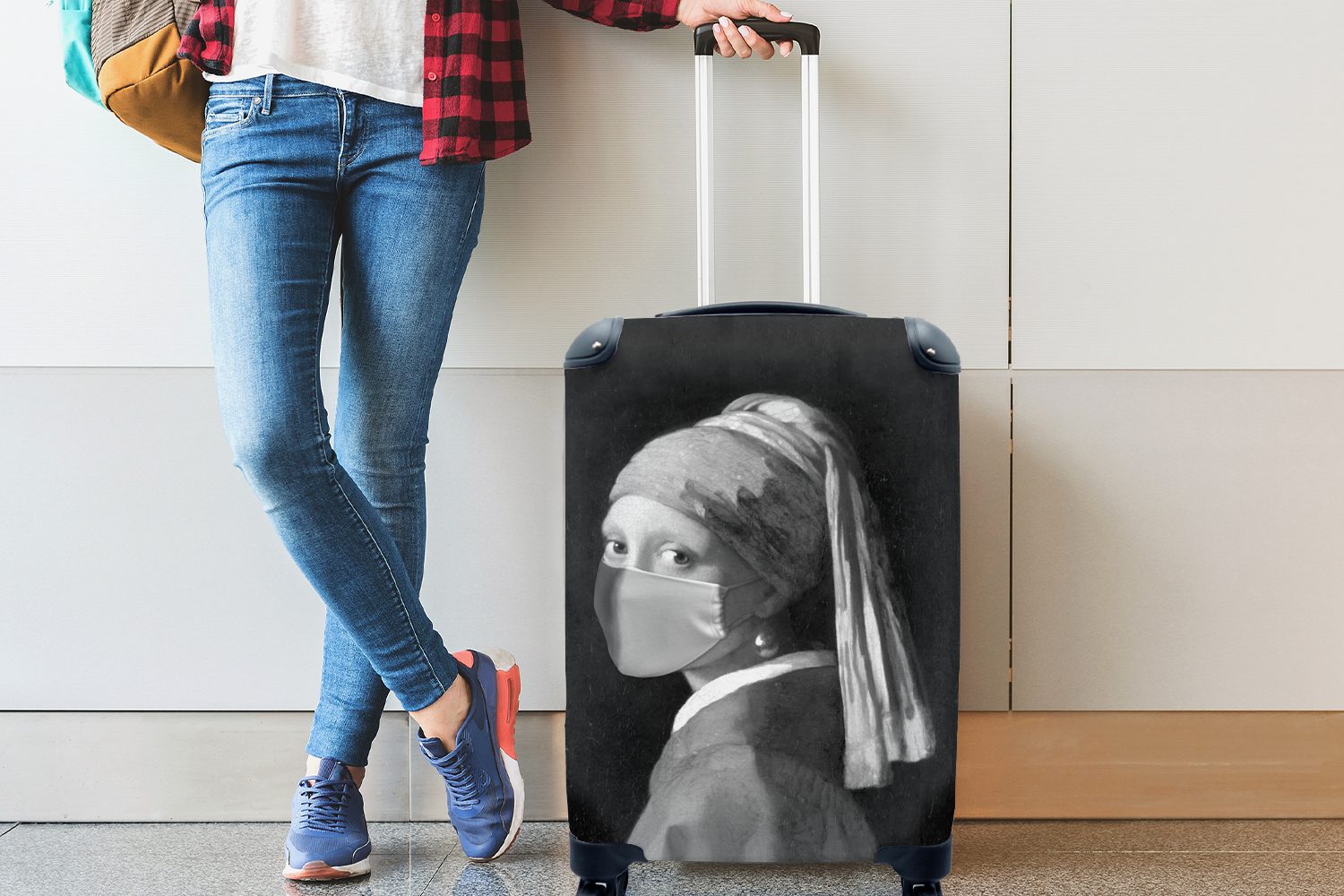 Handgepäckkoffer -, mit Mädchen mit Rollen, dem Mundhaube der Reisekoffer für Handgepäck hellblauen Perlenohrring Ferien, 4 rollen, und Das MuchoWow Reisetasche Trolley,