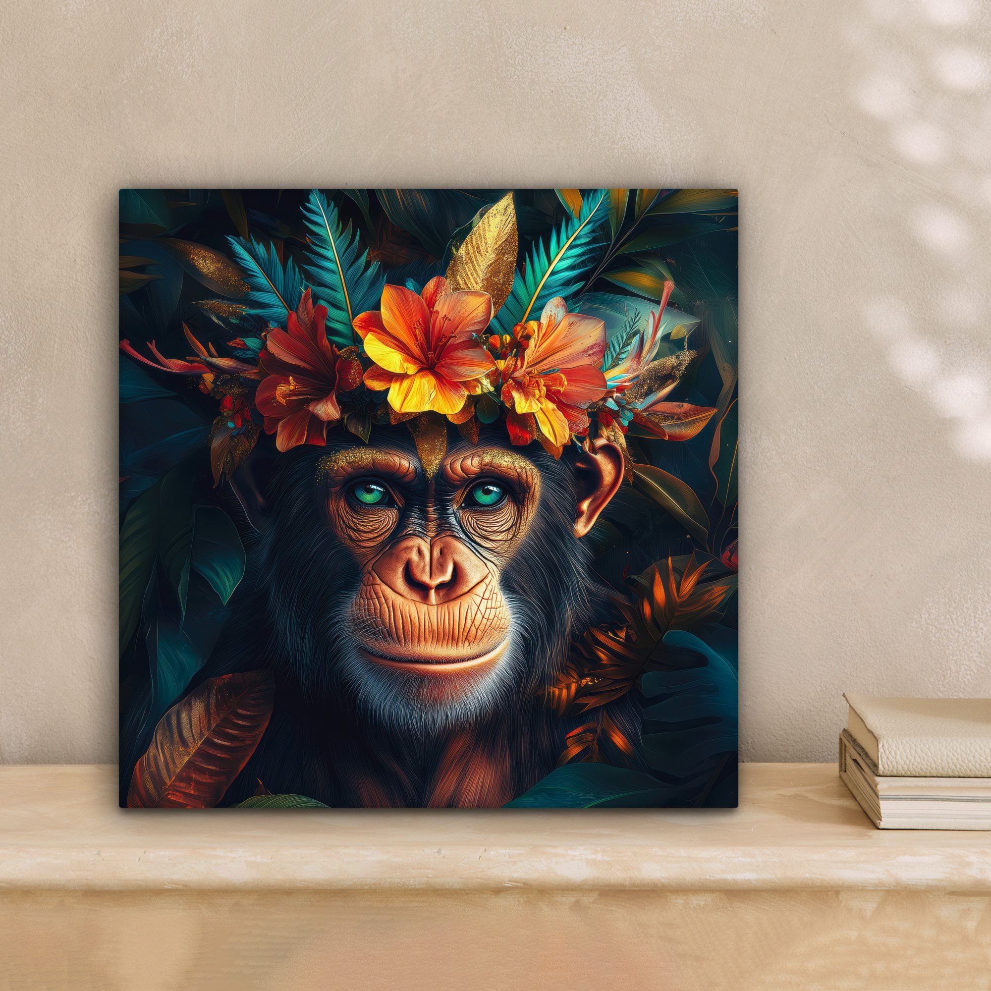 OneMillionCanvasses® Leinwandbild Schimpanse - Affe - Dschungel - Blumen - günstig online kaufen