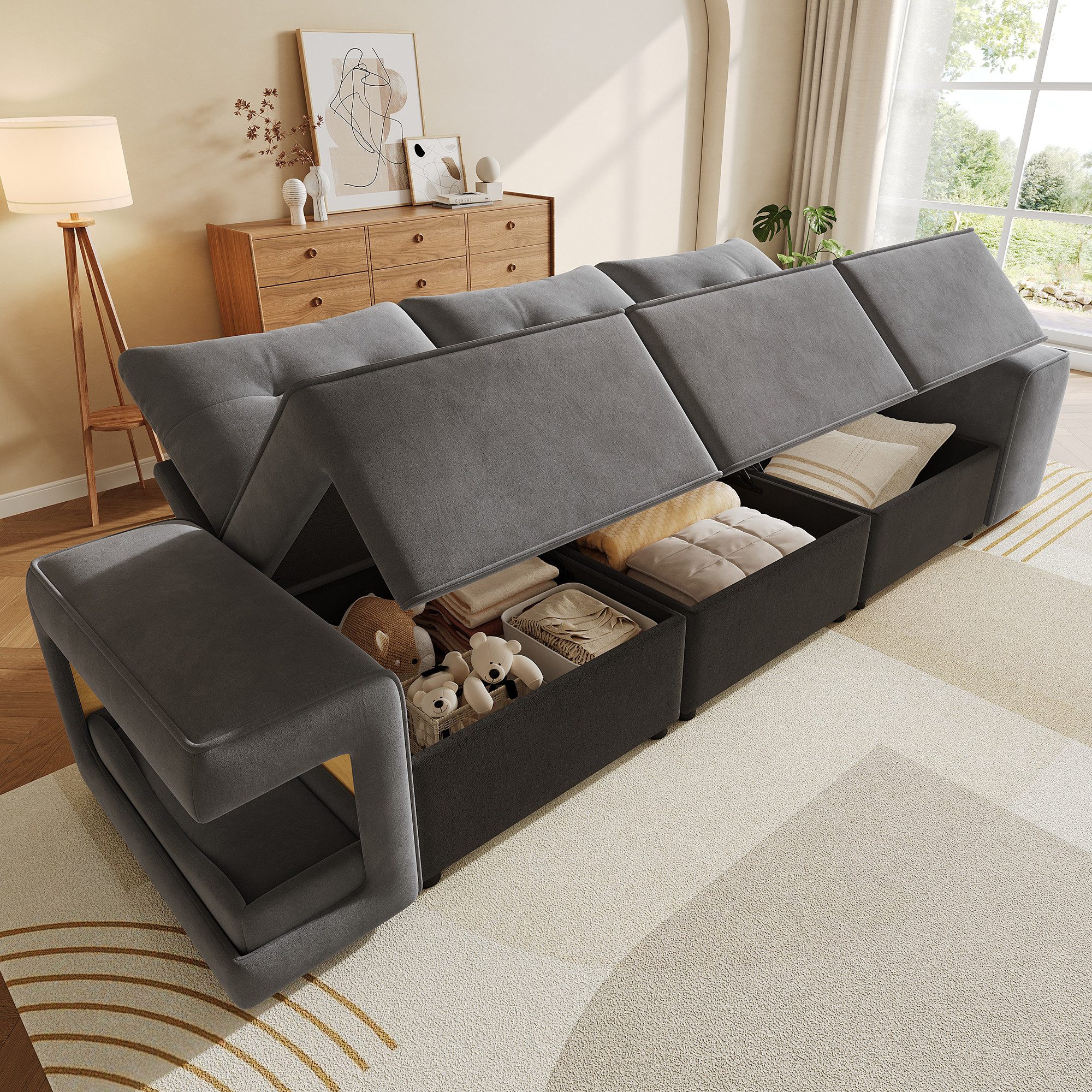 Flieks 3-Sitzer modulares Schlafsofa mit Stauraum & gepolstertem Haustierbereich, 229,5x78x84 cm, Cloud-Sofa Couch inkl. 2 Zierkissen Big-Sofa Samtstoff Beige – Bild 2 von 5