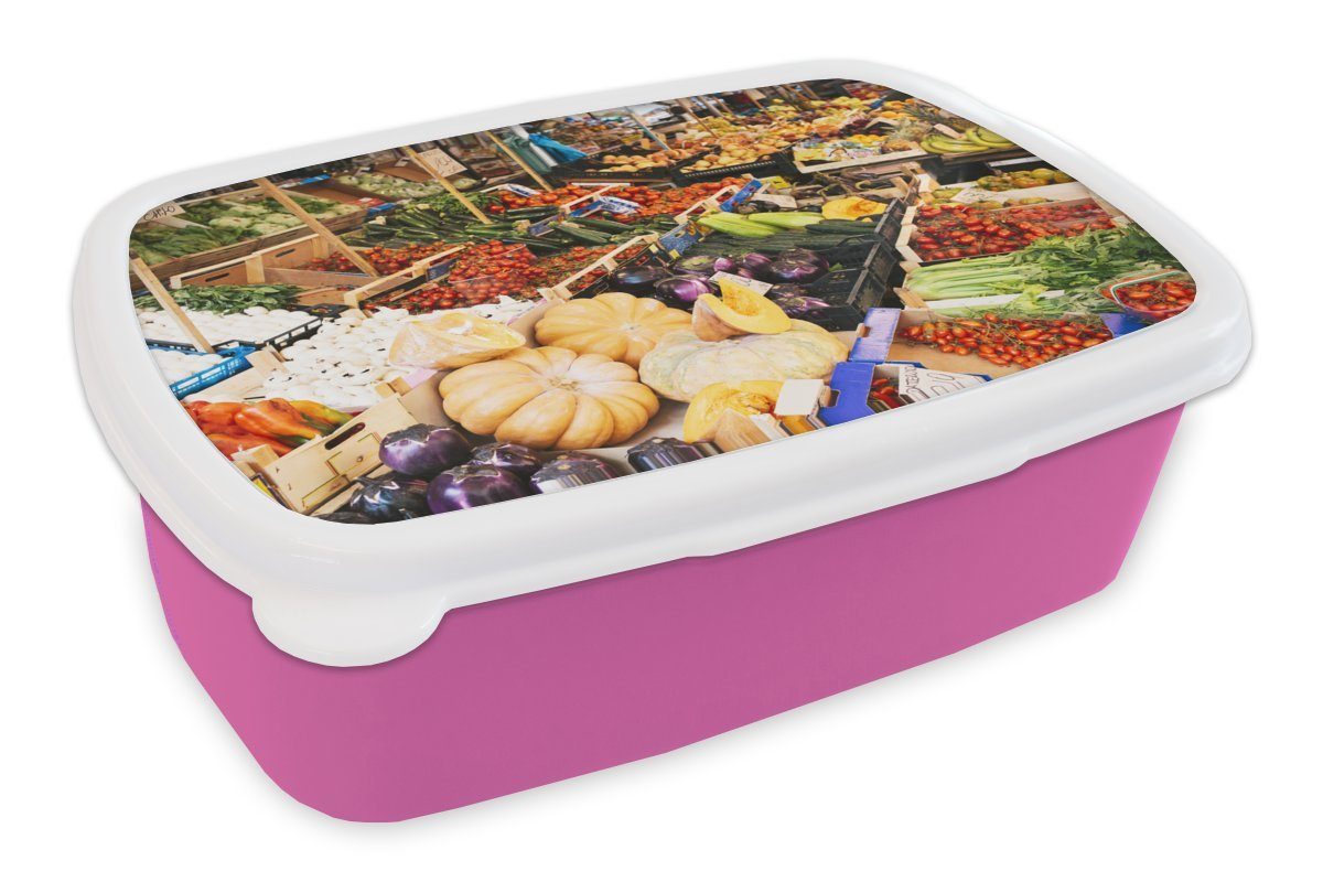 MuchoWow Lunchbox Obst - Obstkiste - Markt, Kunststoff, (2-tlg), Brotbox für Erwachsene, Brotdose Kinder, Snackbox, Mädchen, Kunststoff rosa