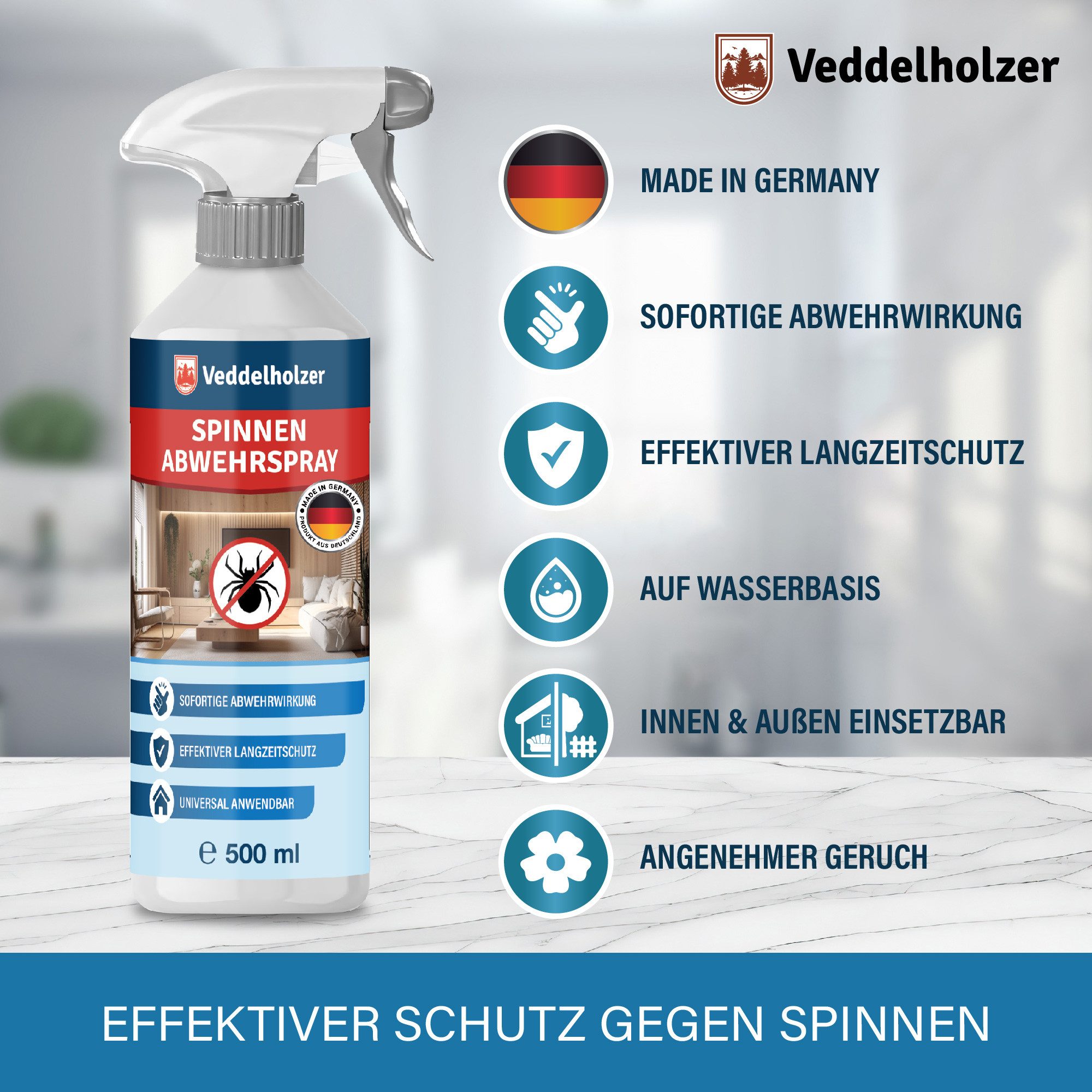 Veddelholzer Insektenschutz-Spray 500ml Spinnen Abwehrspray Anti-Spinnenspray Effektive Spinnenabwehr Schutz vor Spinnen im Innen- & Außenbereich, Sofort & Langzeitwirkung, ungiftig & nicht färbend