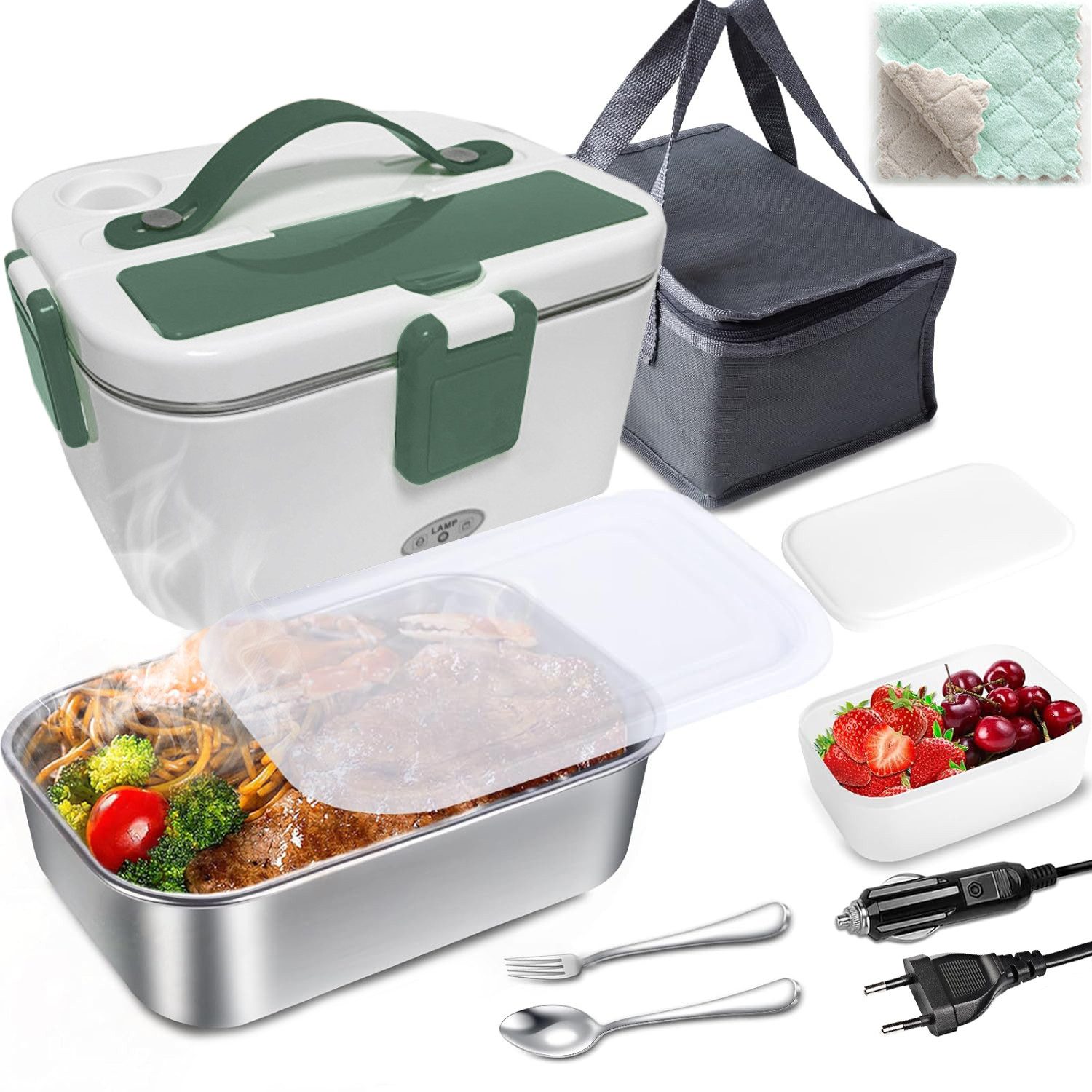 MOPUEA Elektrische Lunchbox 3 in 1 Elektrische Lunchbox Brotdose schnelles Erhitzen von Speisen, (1,8 L Großes Fassungsvermögen, mit Löffel und Gabeln, Tragetasche und Reinigungstuch), aus Edelstahl für Zuhause Auto, Design mit zwei Fächern