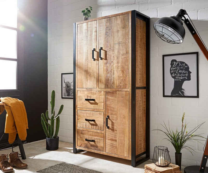 DELIFE Highboard Crompton, Mango Natur Metall Schwarz 100x185cm 3 Türen 3 Schubladen