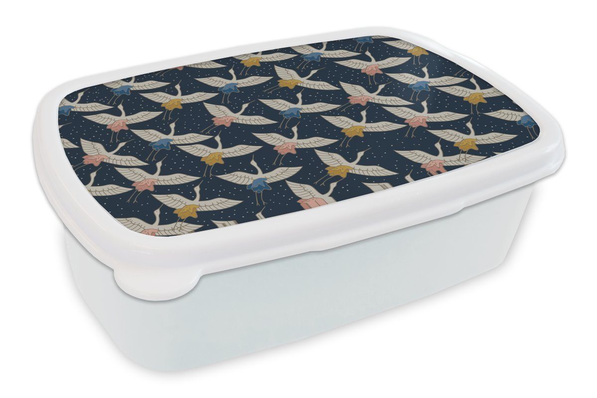 MuchoWow Lunchbox Vögel - Nacht - Japan - Muster, Kunststoff, (2-tlg), Brotbox für Kinder und Erwachsene, Brotdose, für Jungs und Mädchen weiß