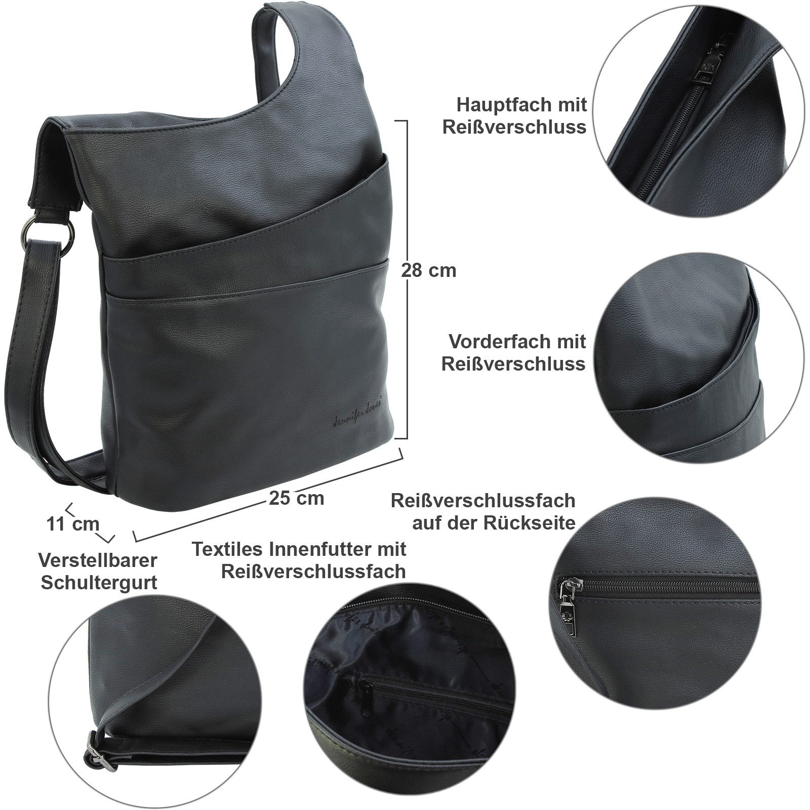 J JONES JENNIFER JONES Umhängetasche Damen Schultertasche mit Reißverschluss Crossbody Bag