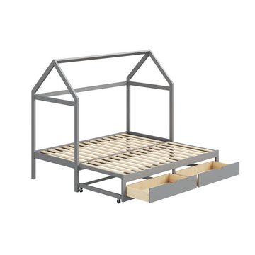 MODFU Kinderbett Ausziehbares Stauraumbett (mit Schubladen und Lattenrost, Bett aus Kiefernholz mit Stauraum), ohne Matratze