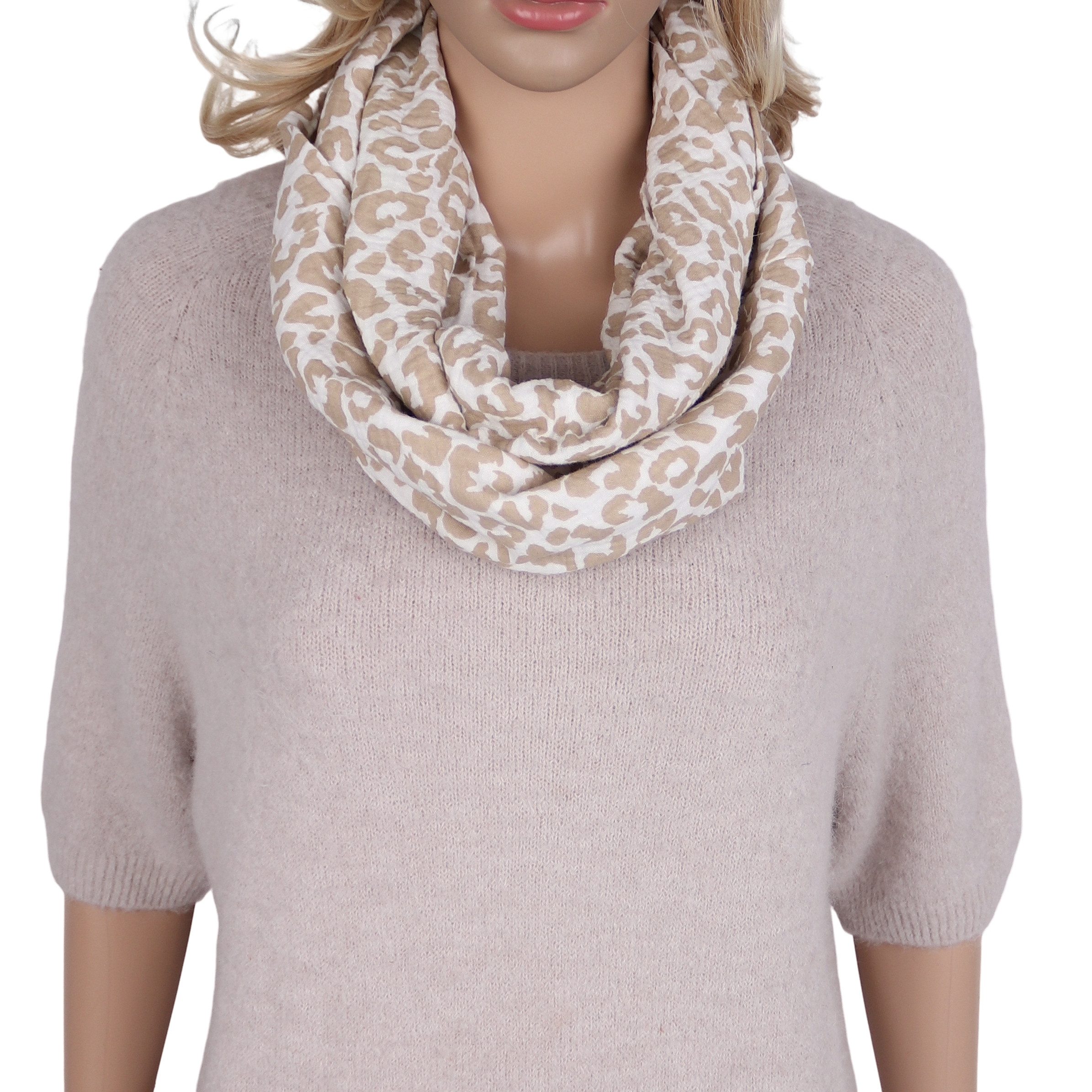 MIRROSI Loop Damen Schal aus Musellin, Made in Italy 70x20cm, Leo, Schlauchschal, (Zweimal um den Hals wickelbar, ca.70x20cm), Damen Halstuch ideal für Frühling, Sommer oder Herbst