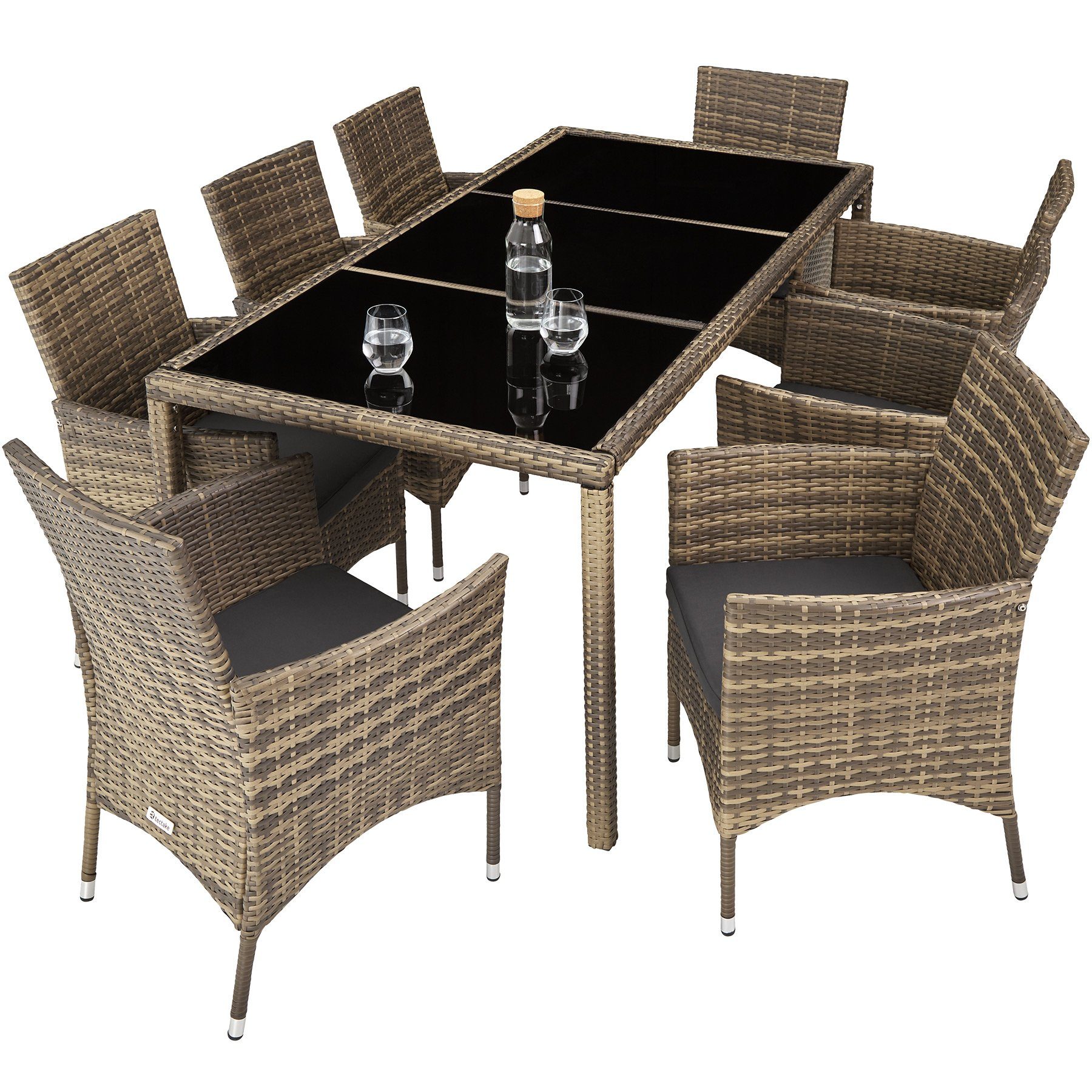 tectake Sitzgruppe Rattan Garnitur Almansa mit Schutz und Polstern, (Rattan lounge set almansa, 9-tlg., in natur/dunkelgrau), UV-beständig und pflegeleicht
