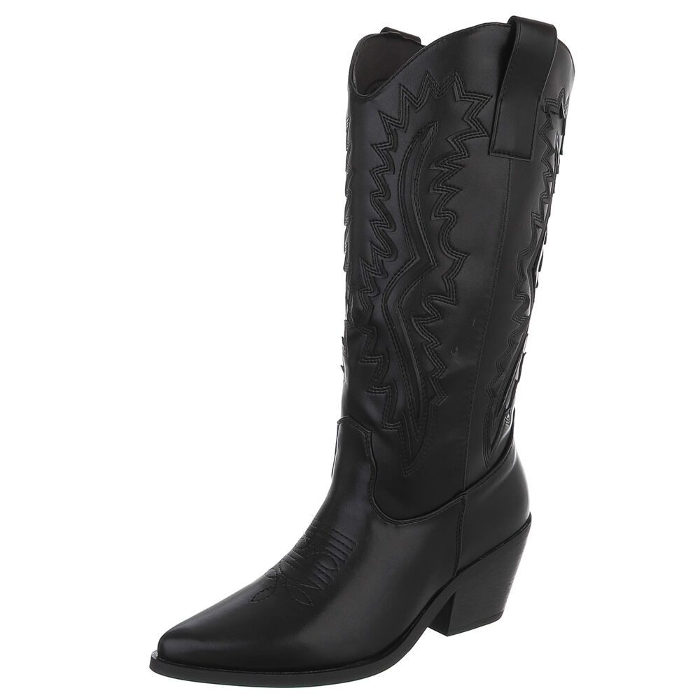 Ital-Design Damen Westernstiefel mit Blockabsatz und Ziernähten Westernstiefel (92002533) Blockabsatz Stiefel in Schwarz