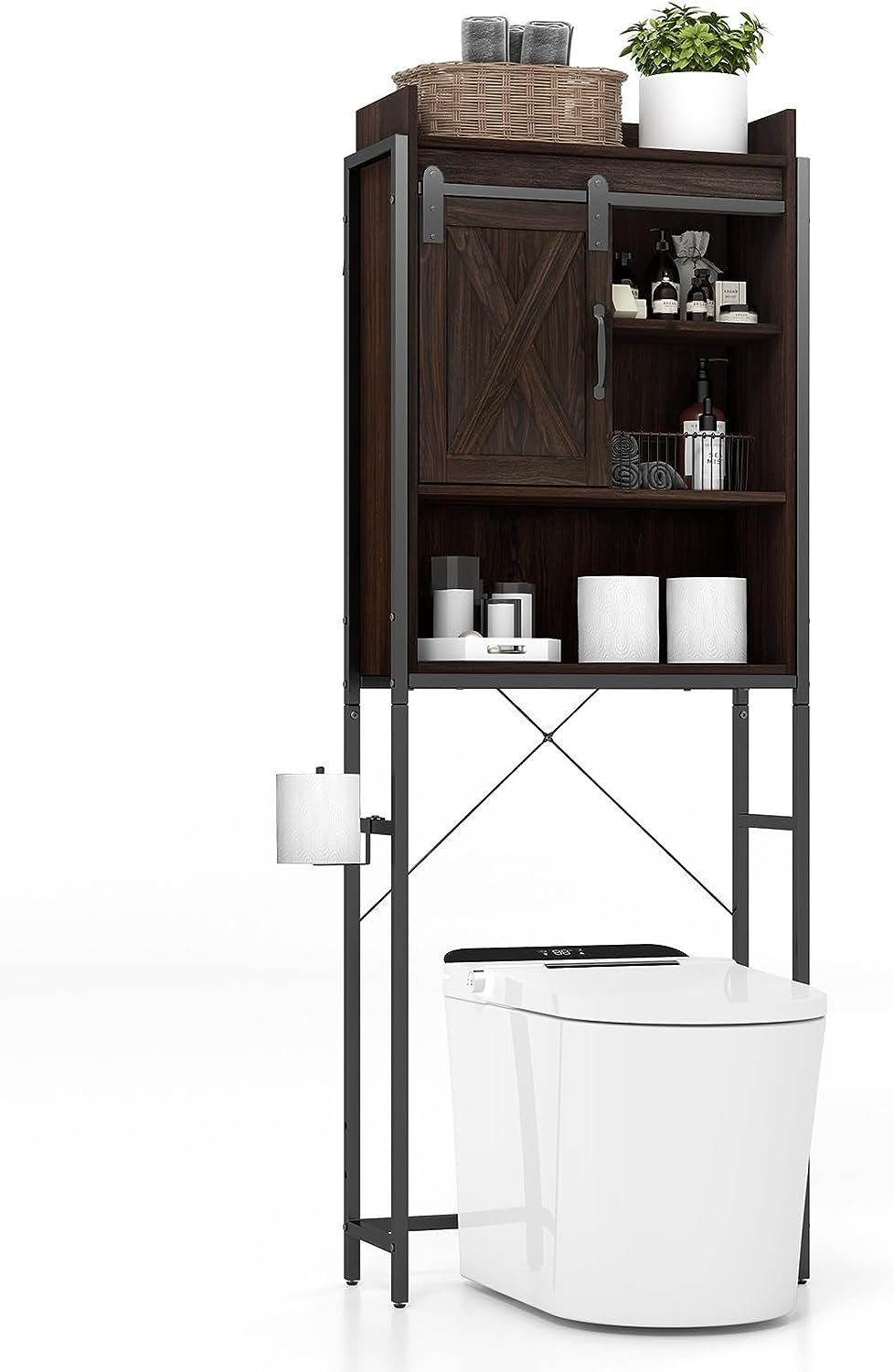 KOMFOTTEU Badregal 4-stöckiger Toilettenschrank, mit Scheunentür Braun