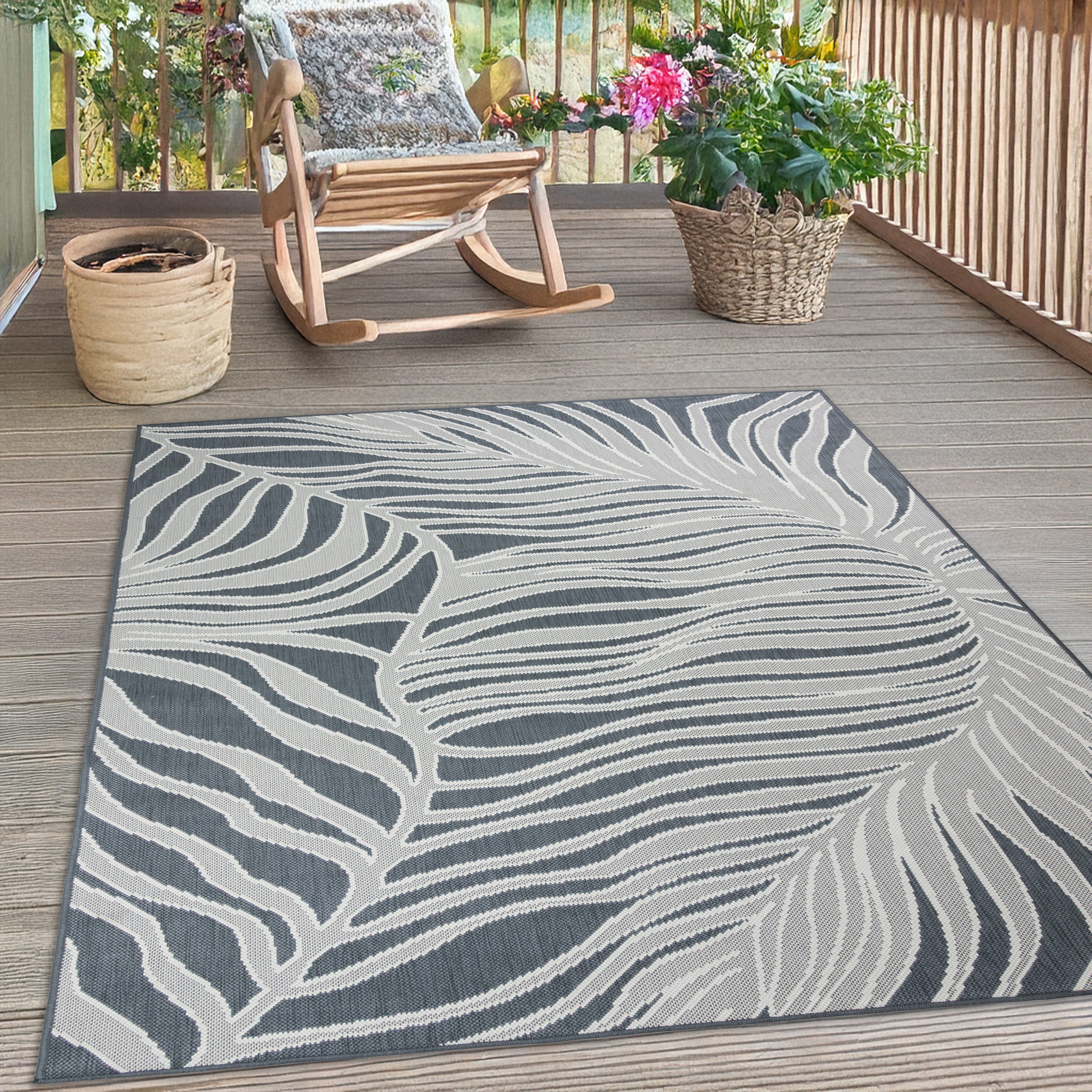 s.Oliver Teppich Skadom, Wende-Teppich im Blatt Design, auch für Balkon und Terrasse, rechteckig, Höhe: 5 mm, für In- und Outdoor geeignet, wetterfest & UV-beständig