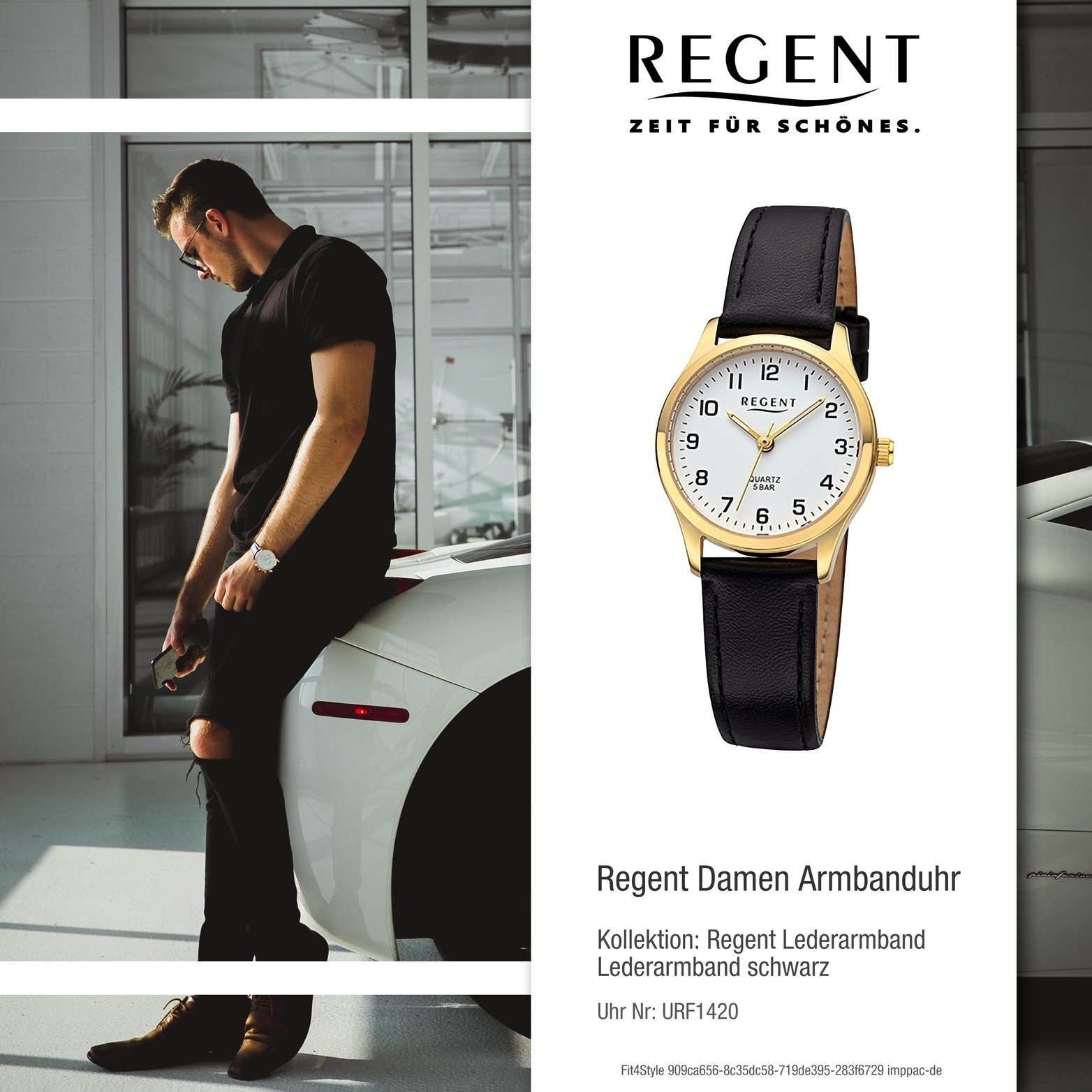 extra rundes groß Regent Damenuhr schwarz, Analog, Quarzuhr Damen 27mm) Armbanduhr Regent Lederarmband Gehäuse, (ca.