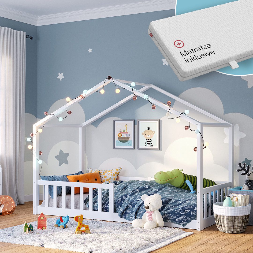 Bellabino Hausbett Kinderbett Bia mit Lattenrost (weiß, mit Matratze), Bodenbett mit Rausfallschutz, verfügbar in 80x160 & 90/120/140x200 cm