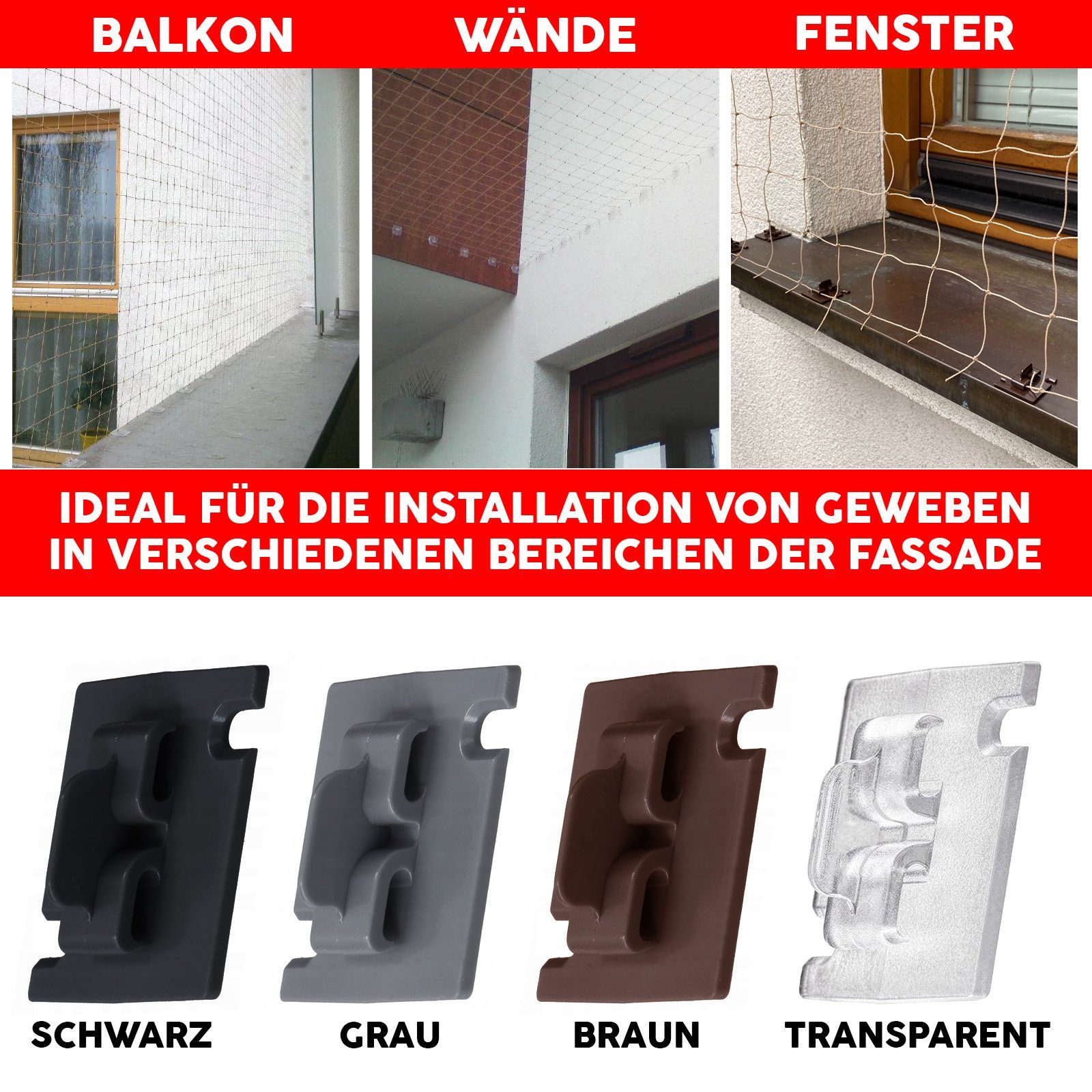 KONZEPT Klebehaken Klebehaken mit Montagekleber Befestigung für Katzennetz, Katzennetz, Volierennetz, (Set), ohne Bohren