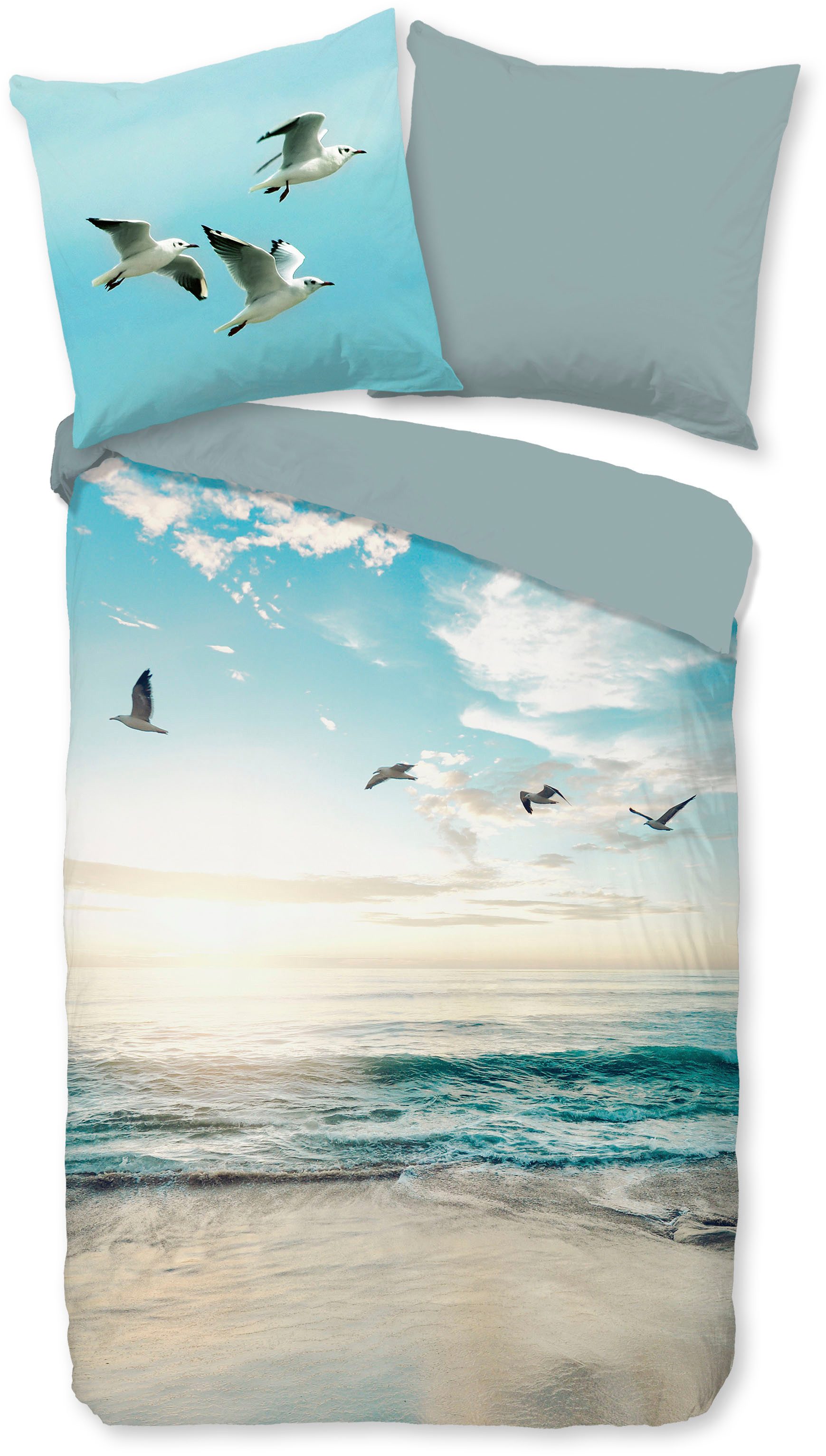 good morning Wendebettwäsche Brisa, Renforcé, 2 teilig, 100% Baumwolle, Renforcé, Reißverschluss, Wendeoptik, Strand, Aqua
