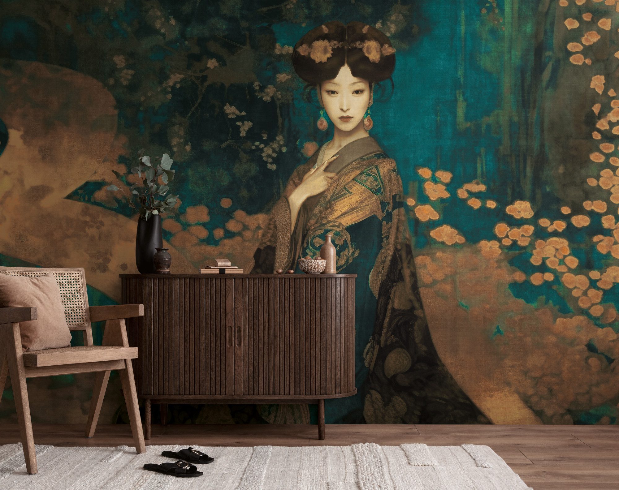 living walls Fototapete The Wall 4 Eyecatcher – Asiatisches Frauenporträt Vlies-Fototapete, leicht strukturiert, floral, matt, botanisch, (1 St), Asiatisches Frauenporträt mit ausdrucksstarker Wirkung