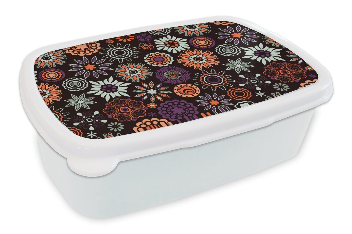 MuchoWow Lunchbox Retro - Blumen - Regenbogen - Muster, Kunststoff, (2-tlg), Brotbox für Kinder und Erwachsene, Brotdose, für Jungs und Mädchen weiß